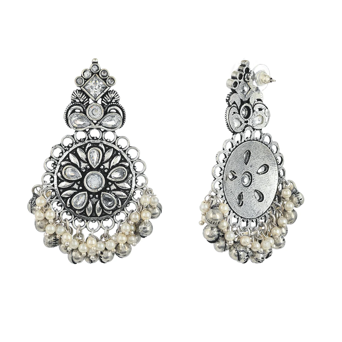 Antique Elegance Floral Faux Pearls and Kundan Adorned Brass Silver Plated Drop Earrings - Image 5