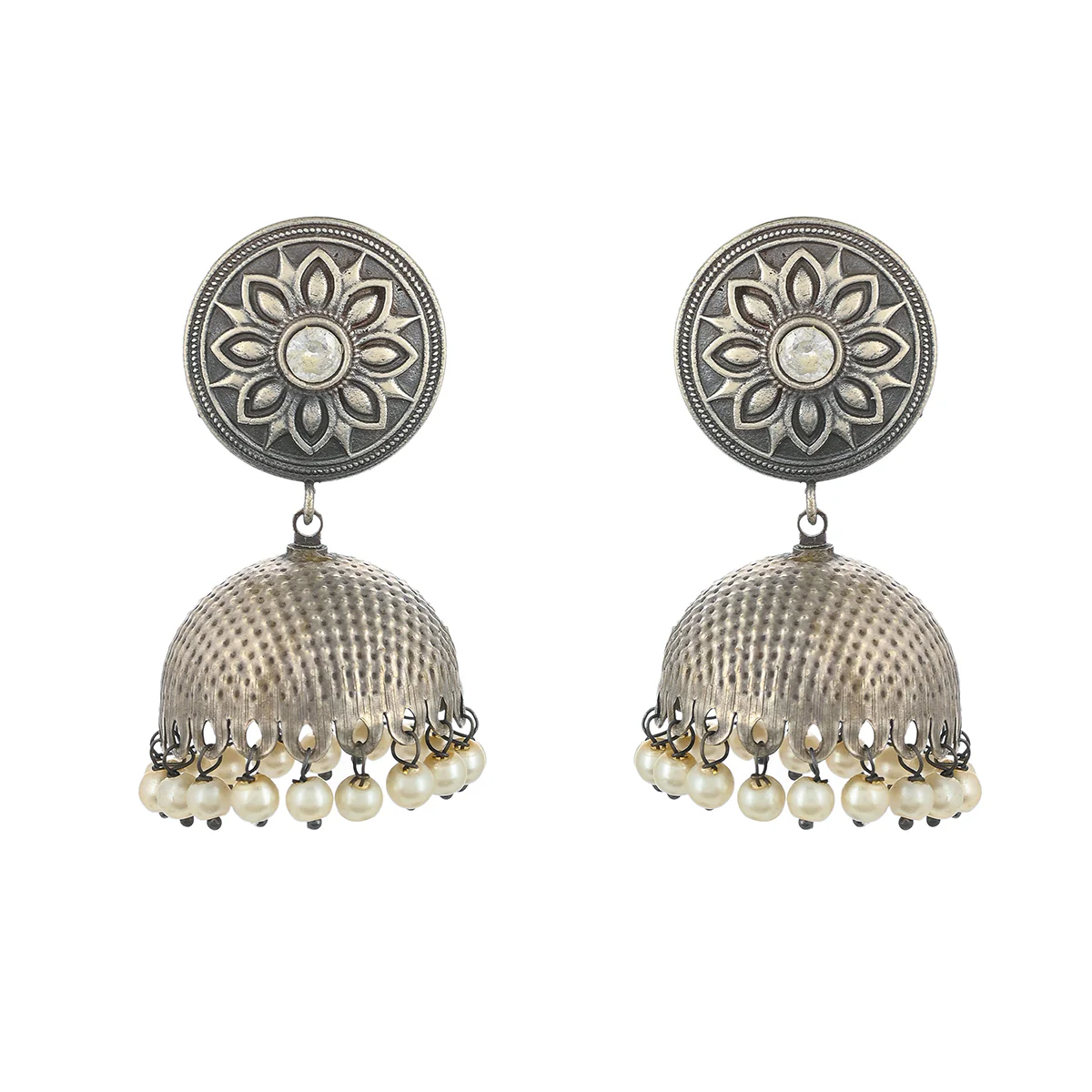 Antique Elegance Floral Motif Faux Pearls Brass Silver Plated Jhumka Earrings - Image 3