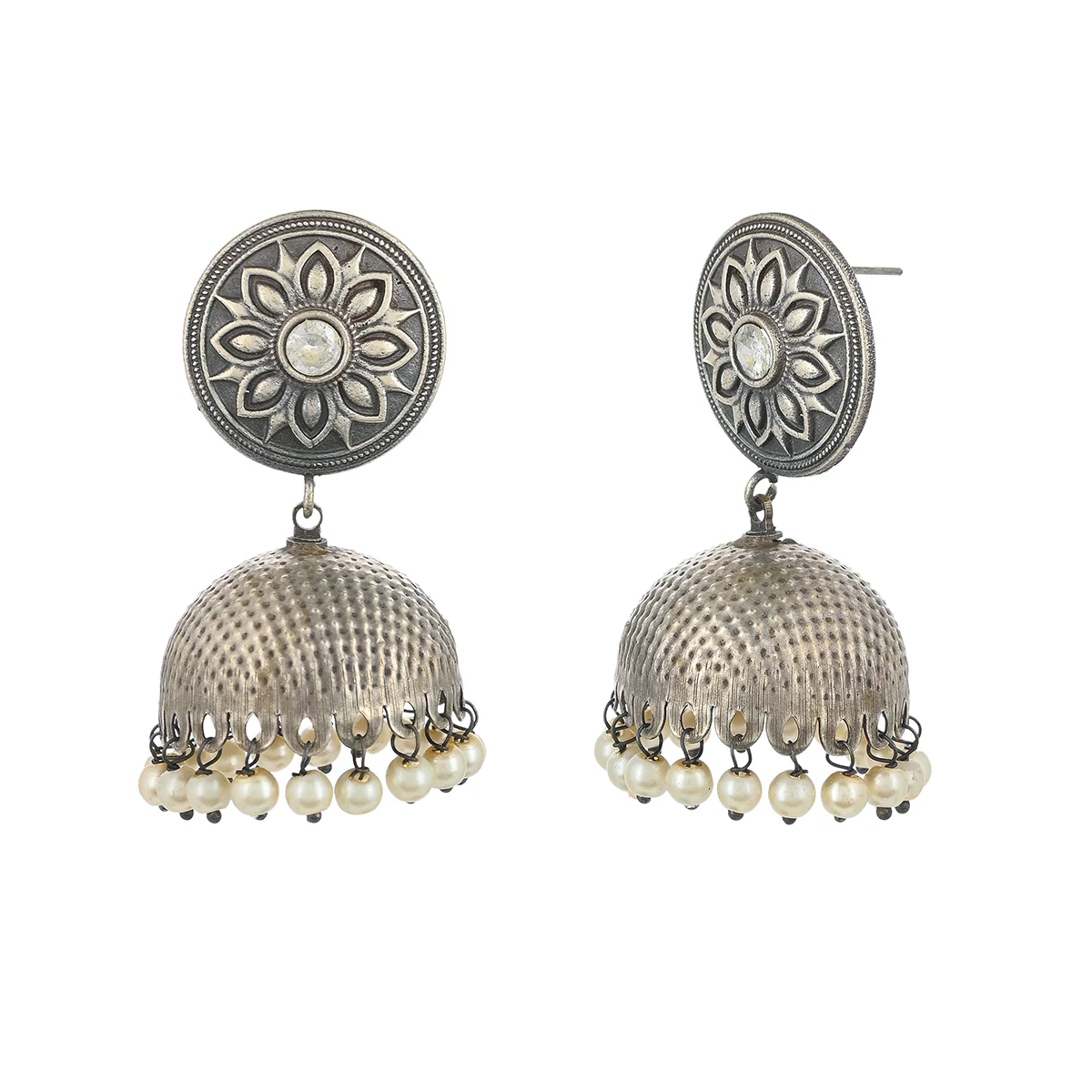 Antique Elegance Floral Motif Faux Pearls Brass Silver Plated Jhumka Earrings - Image 4