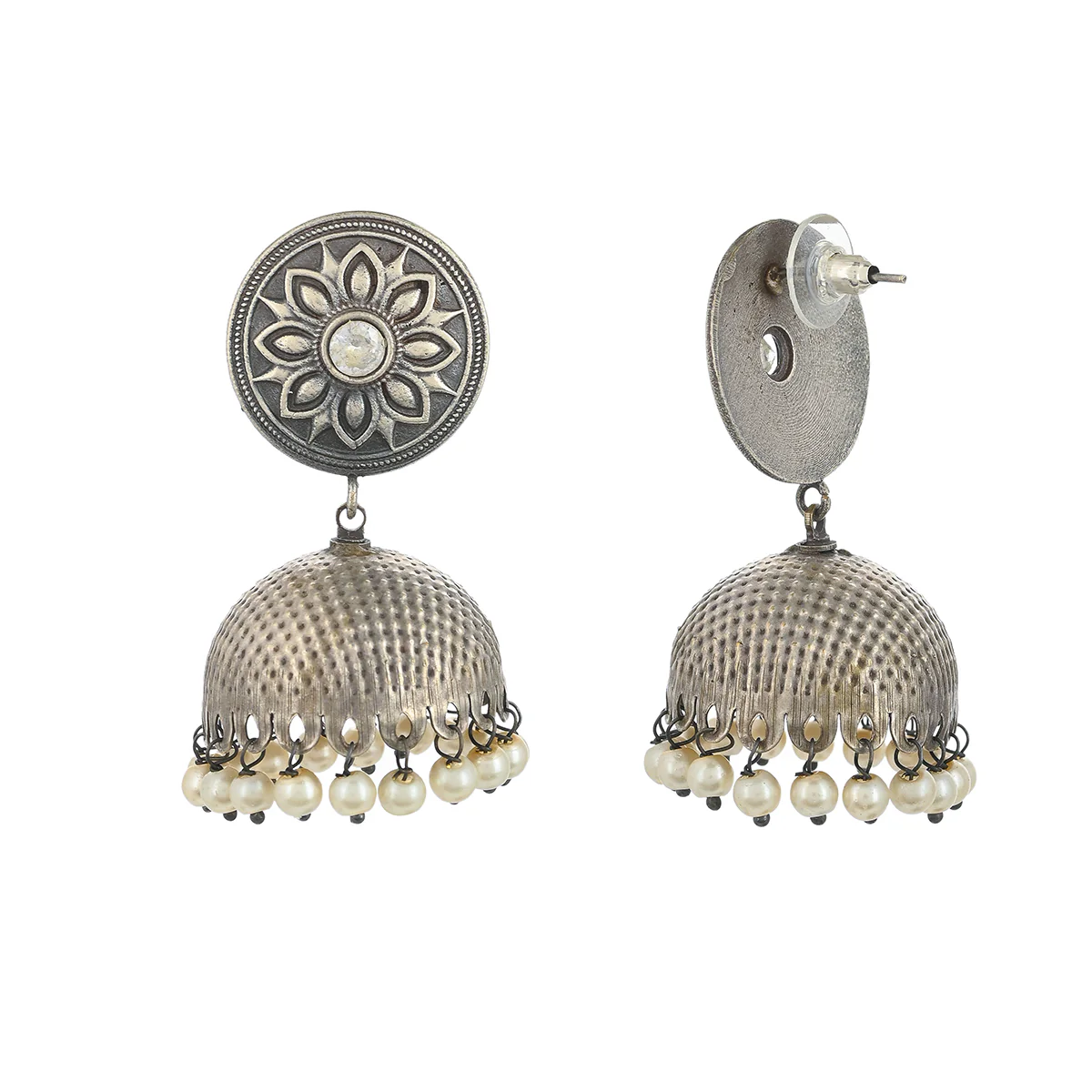 Antique Elegance Floral Motif Faux Pearls Brass Silver Plated Jhumka Earrings - Image 5