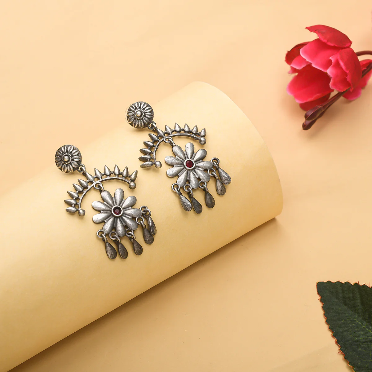 Antique Elegance Floral Oxidised Silver Plated Brass Earrings