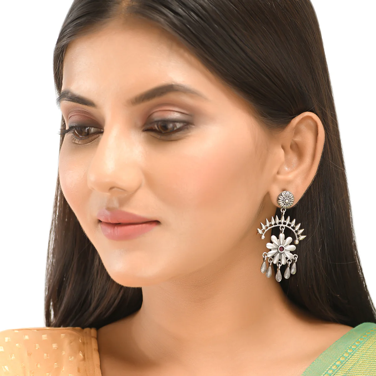 Antique Elegance Floral Oxidised Silver Plated Brass Earrings - Image 2