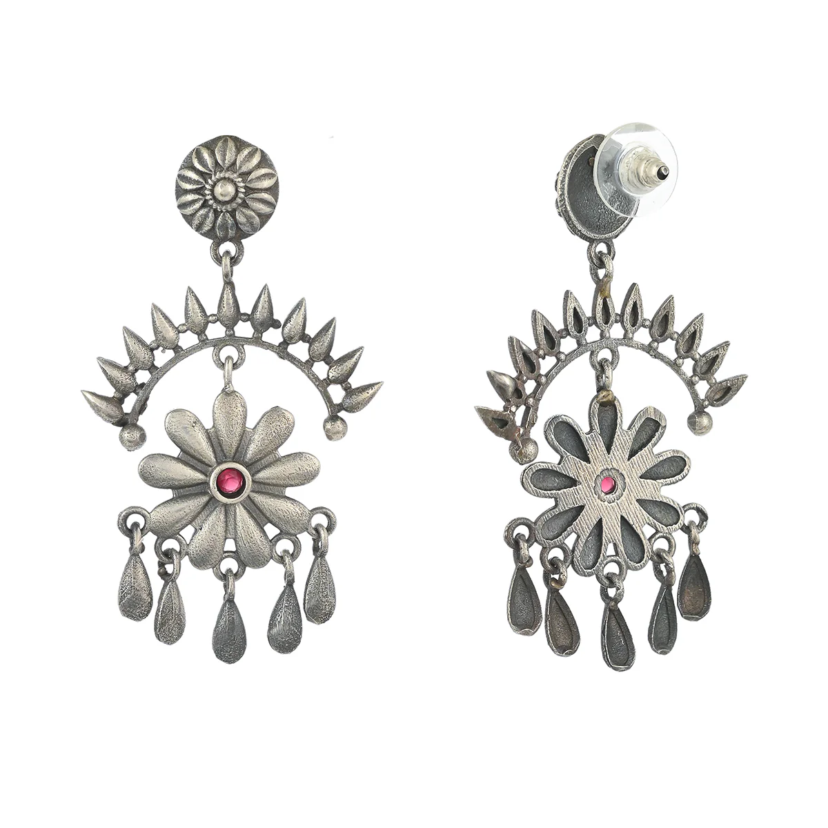 Antique Elegance Floral Oxidised Silver Plated Brass Earrings - Image 5