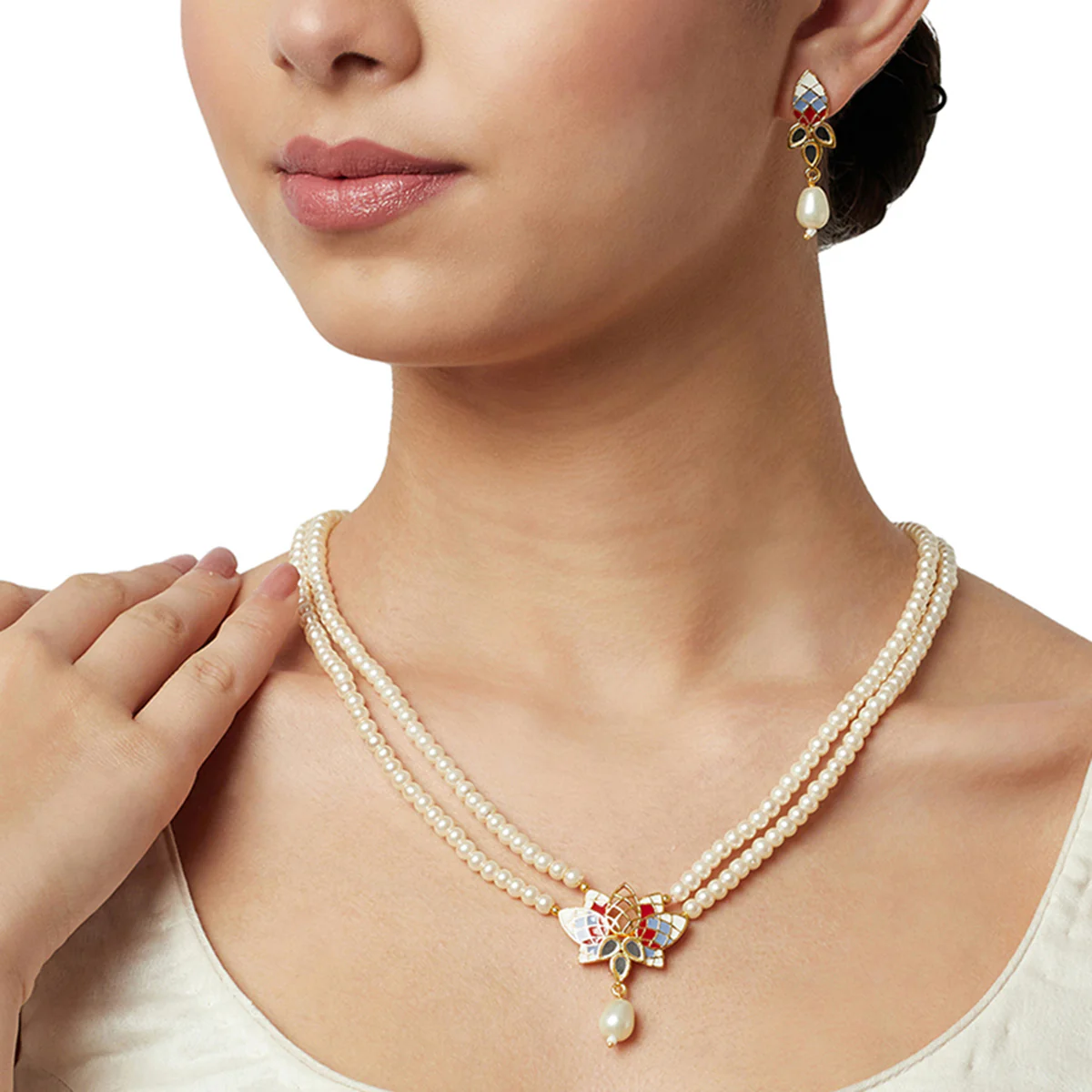 Festive Hues Gold Plated Filigree Faux Pearls Adorned Jewellery Set - Image 2