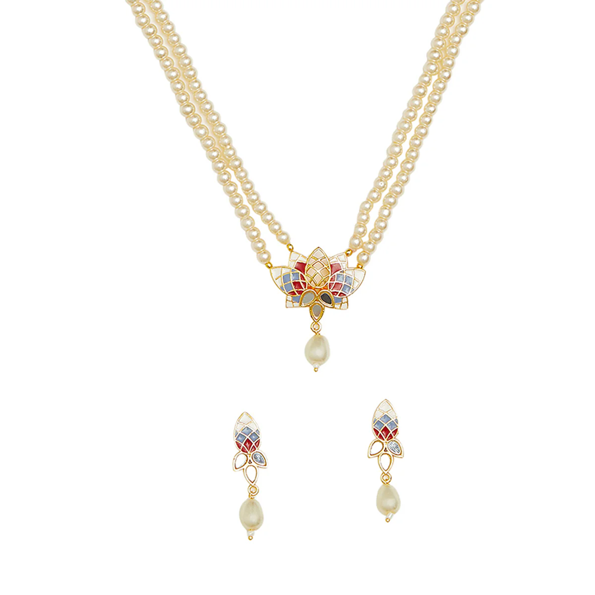 Festive Hues Gold Plated Filigree Faux Pearls Adorned Jewellery Set - Image 4