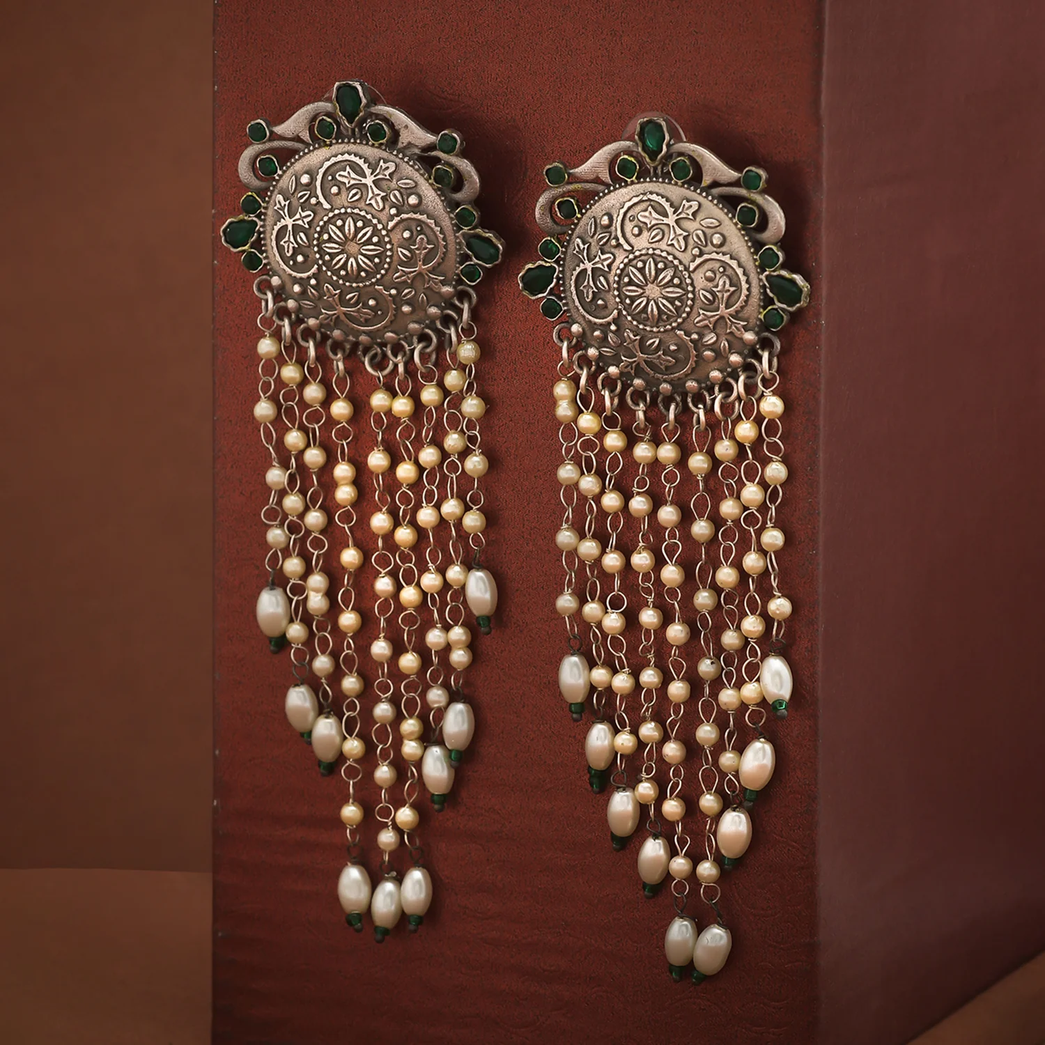 Antique Elegance Green Gems and Faux Pearls Silver Plated Brass Drop Earrings