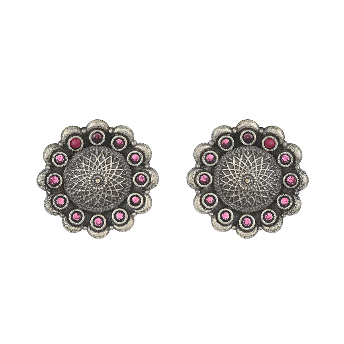 Antique Elegance Lightly Embellished Mandala Design Brass Silver Plated Earrings - Image 3