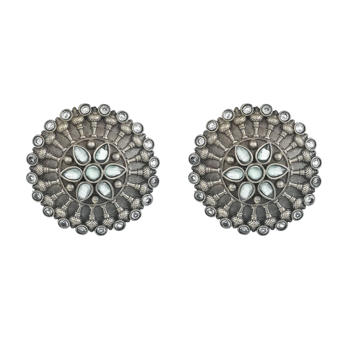 Antique Elegance Mandala Design Brass Lightly Embellished Silver Plated Stud Earrings - Image 3