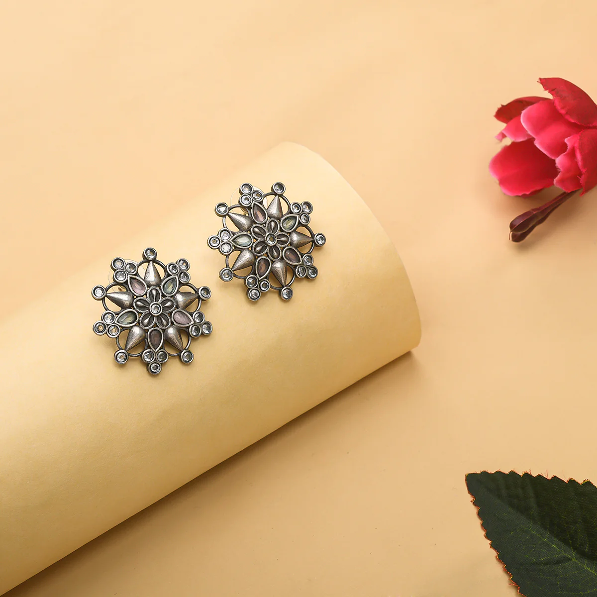 Antique Elegance Mandala Inspired Silver Plated Stud Earrings