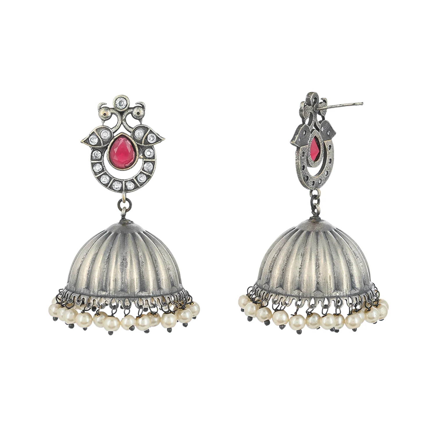 Antique Elegance Peacock Motif Faux Pearls Adorned Brass Silver Plated Jhumka Earrings - Image 5