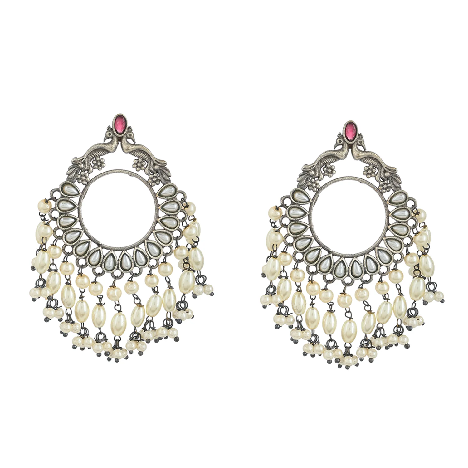 Antique Elegance Peacock Motif Faux Pearls Brass Oxidised Silver Plated Earrings - Image 3