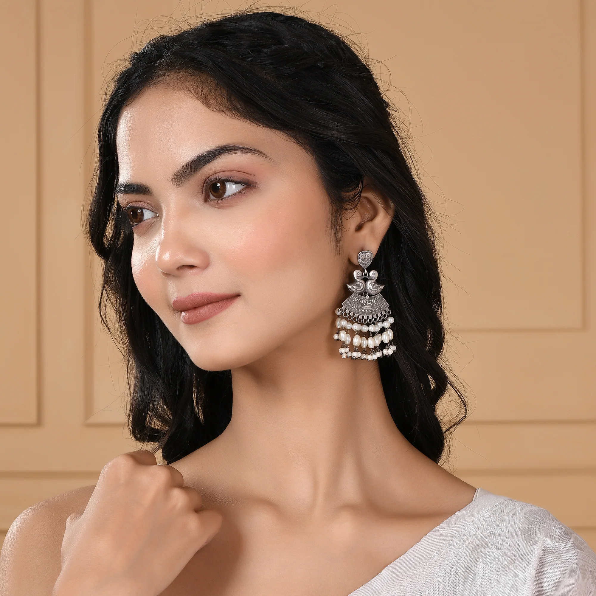 Antique Elegance Peacock Motifs Faux Pearls Adorned Brass Oxidized Silver Plated Earrings - Image 2