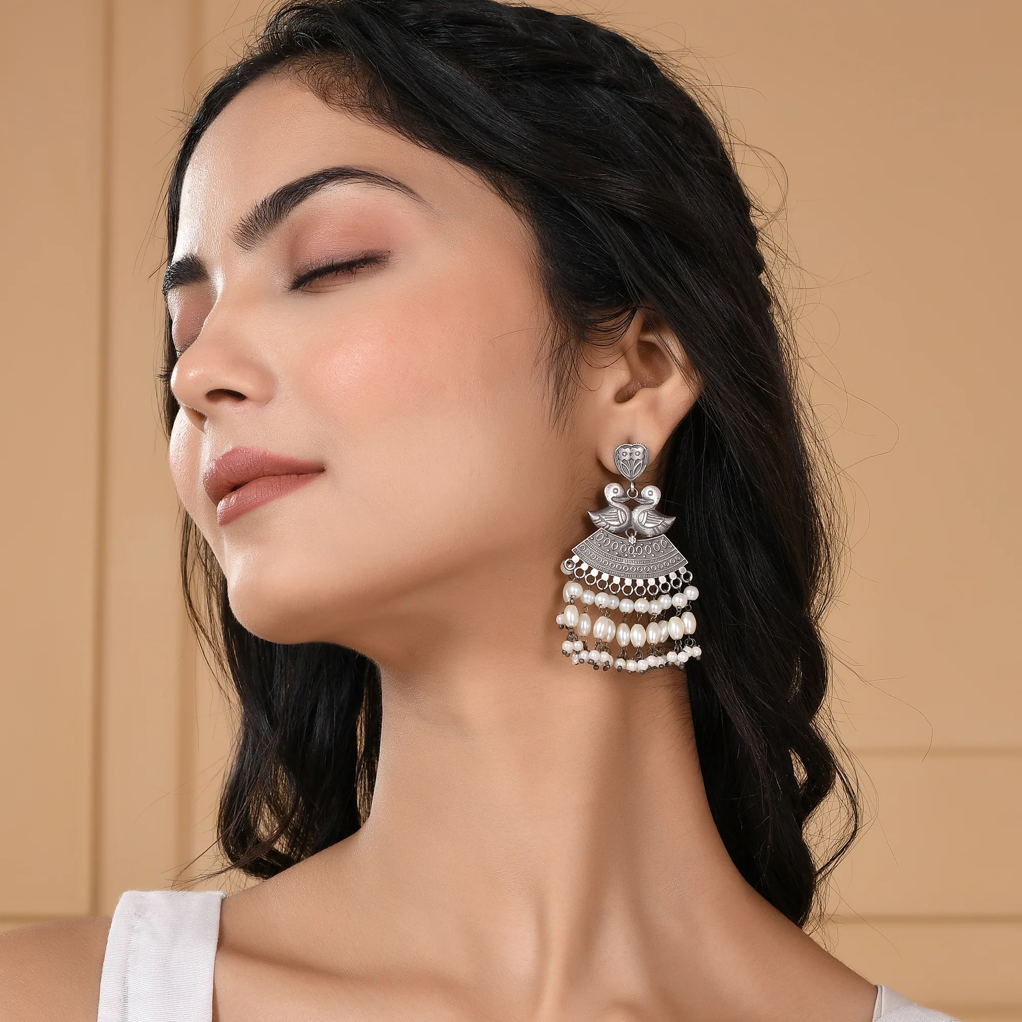 Antique Elegance Peacock Motifs Faux Pearls Adorned Brass Oxidized Silver Plated Earrings - Image 3
