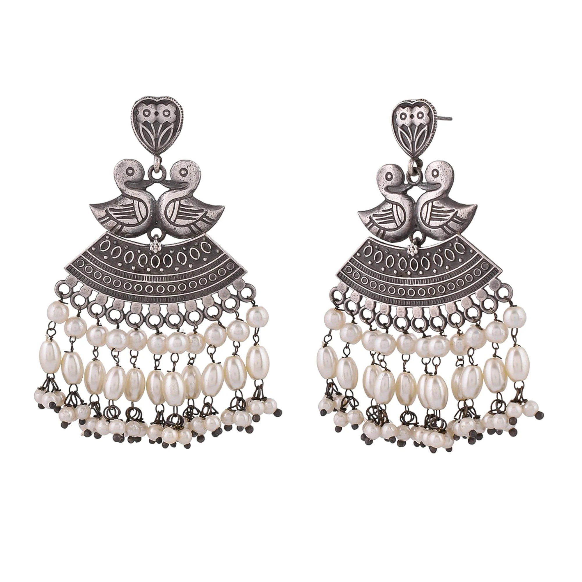 Antique Elegance Peacock Motifs Faux Pearls Adorned Brass Oxidized Silver Plated Earrings - Image 4