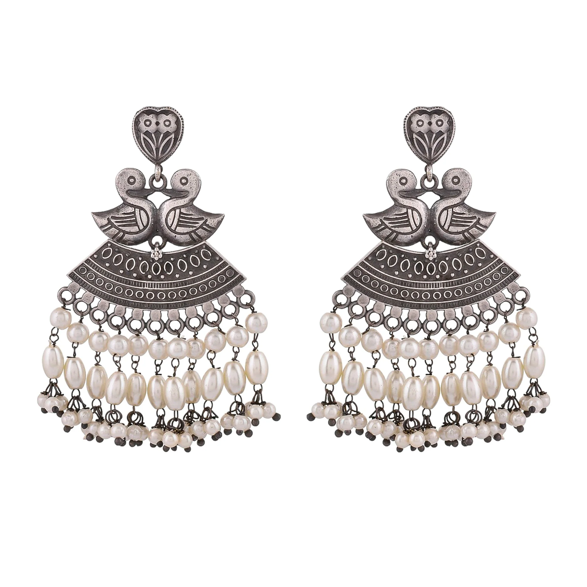 Antique Elegance Peacock Motifs Faux Pearls Adorned Brass Oxidized Silver Plated Earrings - Image 5