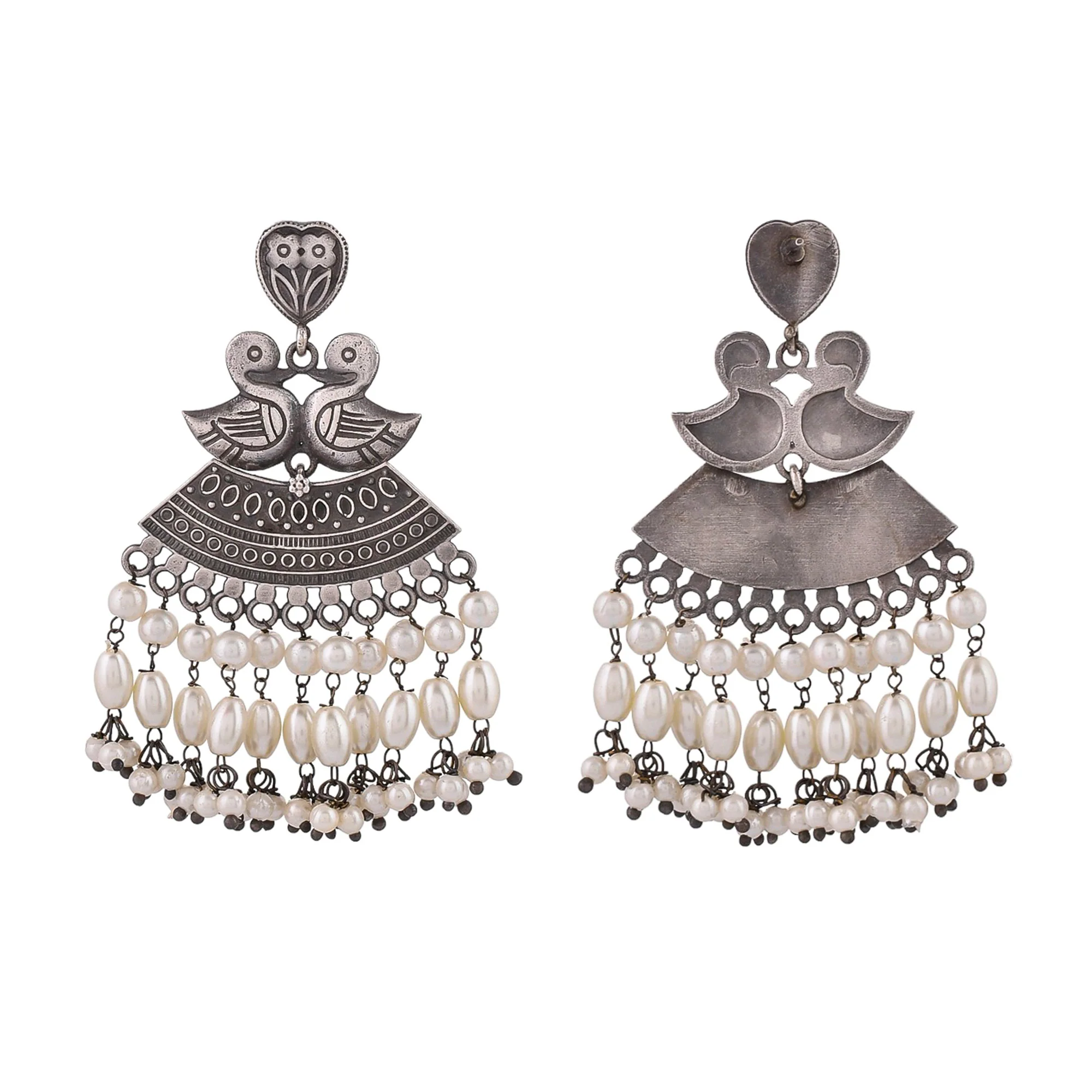 Antique Elegance Peacock Motifs Faux Pearls Adorned Brass Oxidized Silver Plated Earrings - Image 6