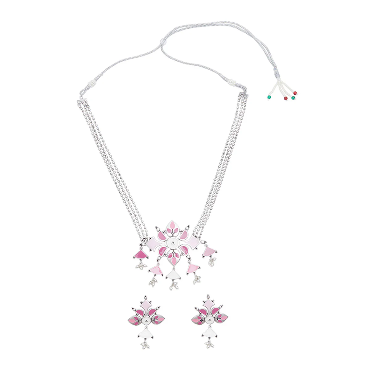 Festive Hues Pink Enamelled Beaded Silver Toned Jewellery Set - Image 3