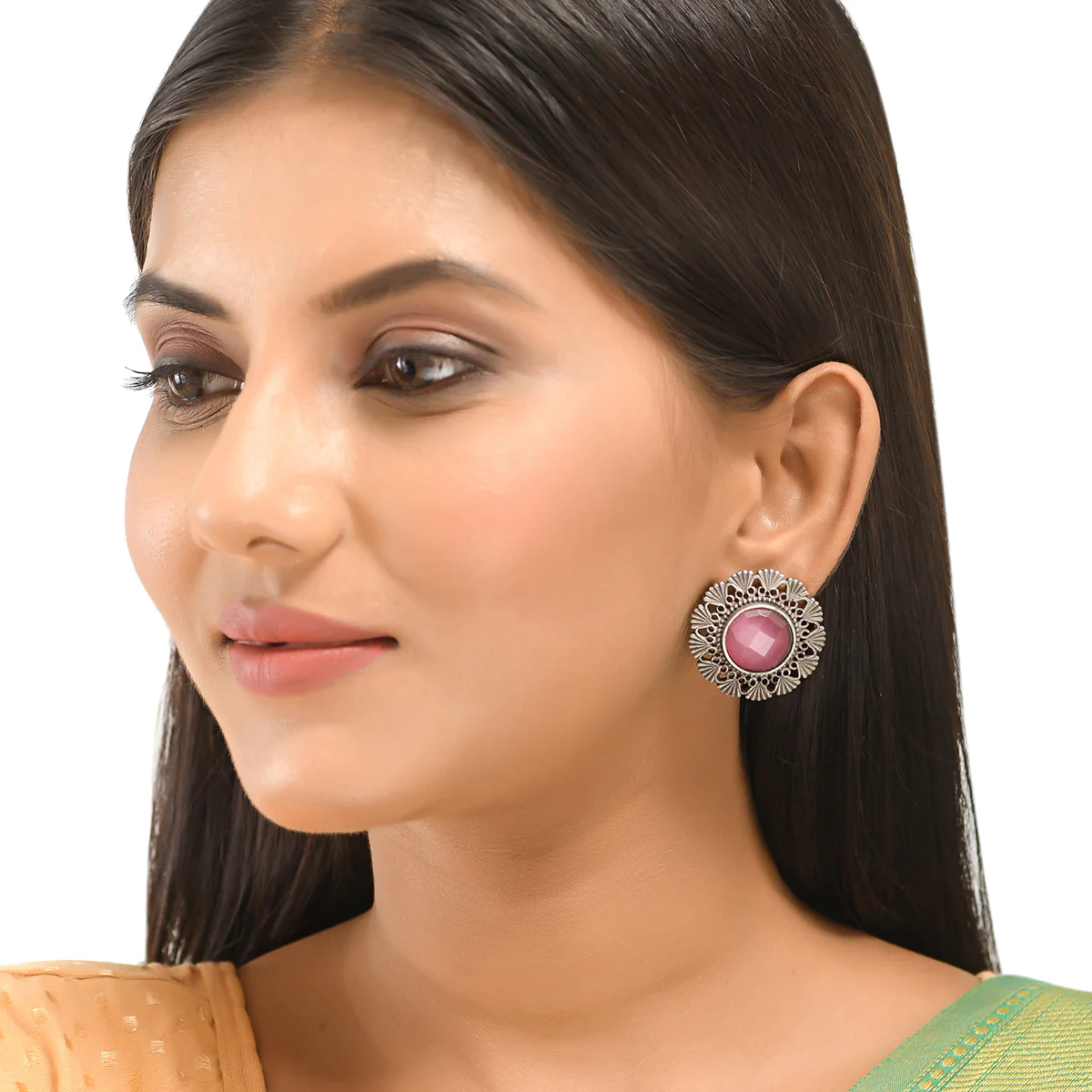 Antique Elegance Round Cut Stone Adorned Brass Silver Plated Stud Earrings - Image 2