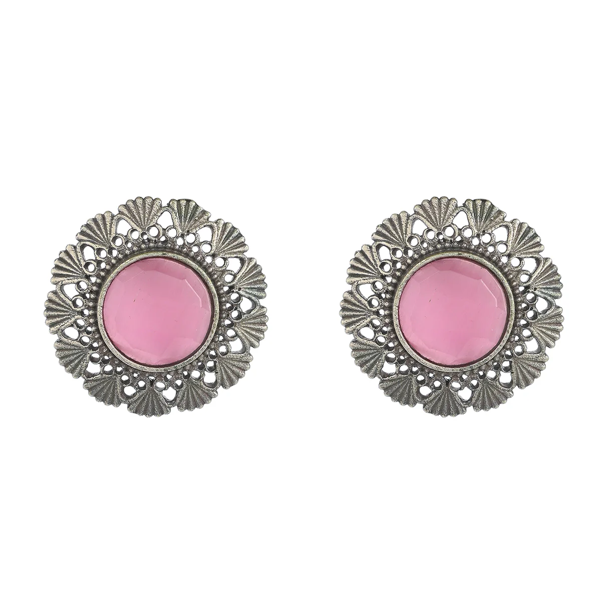 Antique Elegance Round Cut Stone Adorned Brass Silver Plated Stud Earrings - Image 3