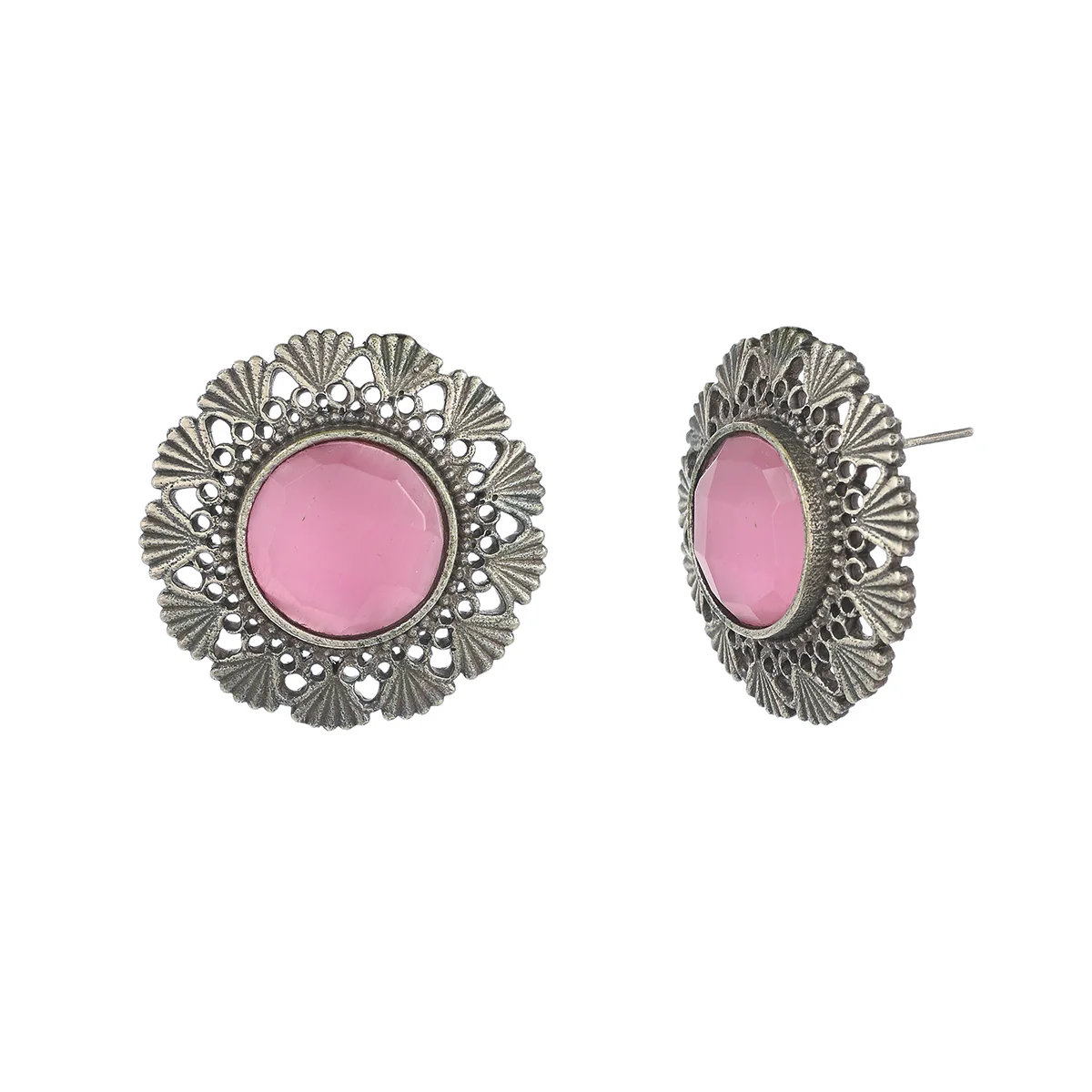 Antique Elegance Round Cut Stone Adorned Brass Silver Plated Stud Earrings - Image 4