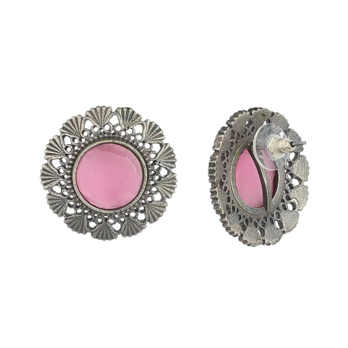 Antique Elegance Round Cut Stone Adorned Brass Silver Plated Stud Earrings - Image 5