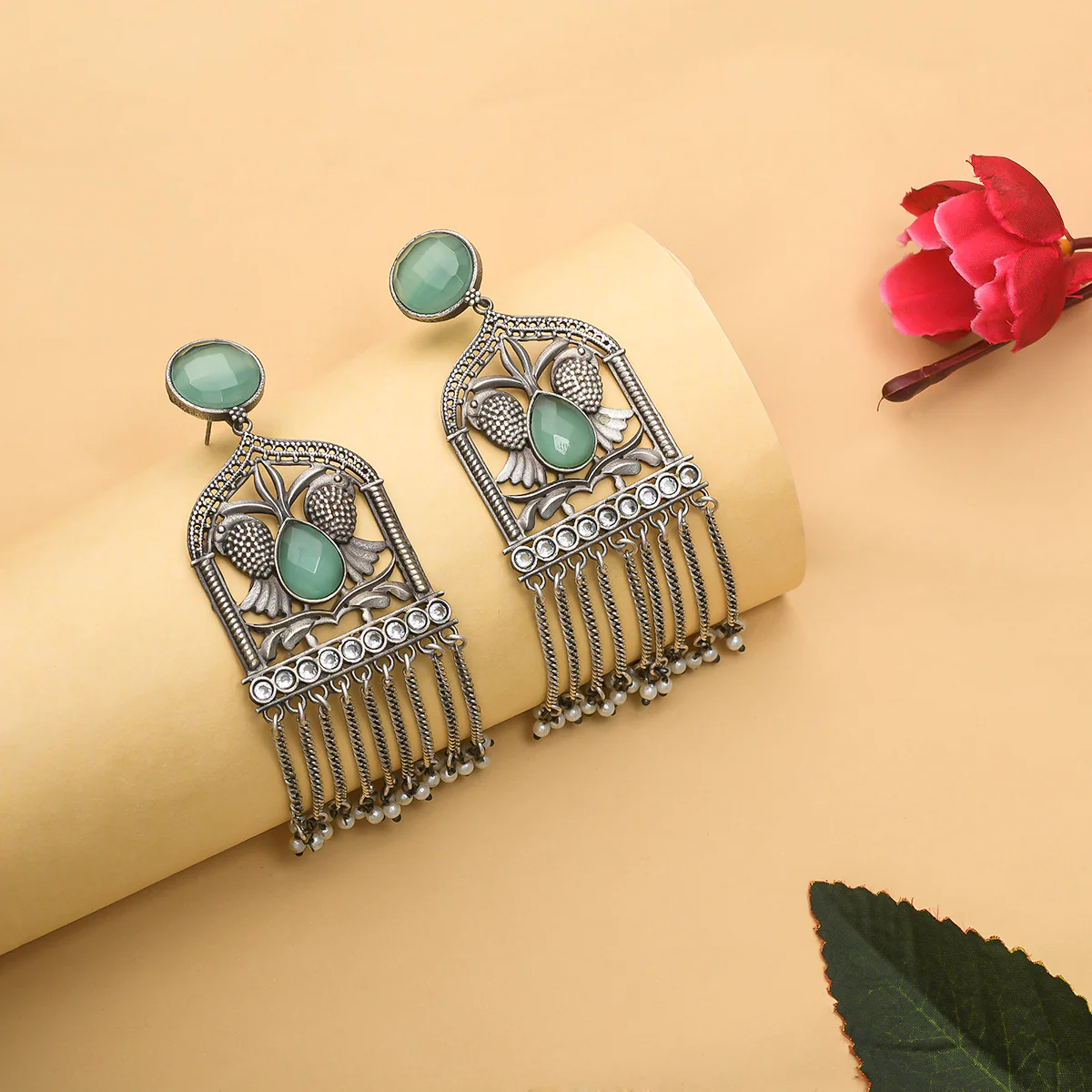Antique Elegance Teardrop and Round Cut Gems and Faux Pearls Brass Silver Plated Dangler Earrings