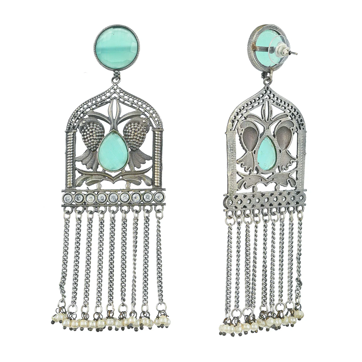 Antique Elegance Teardrop and Round Cut Gems and Faux Pearls Brass Silver Plated Dangler Earrings - Image 5