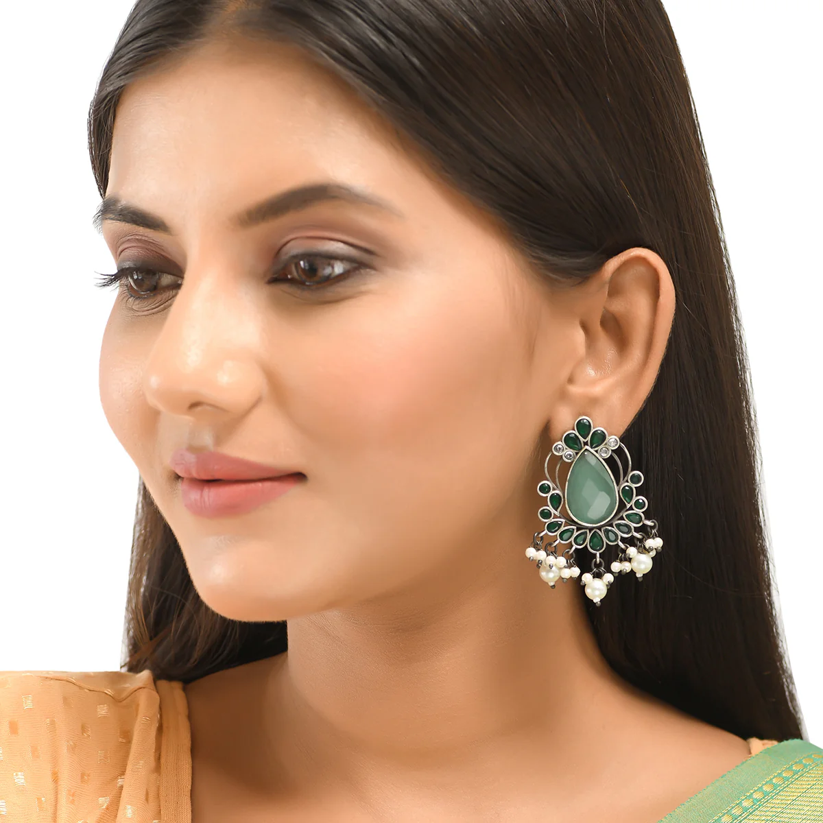 Antique Elegance Teardrop Faux Kundan and Pearls Brass Oxidised Silver Plated Earrings - Image 2