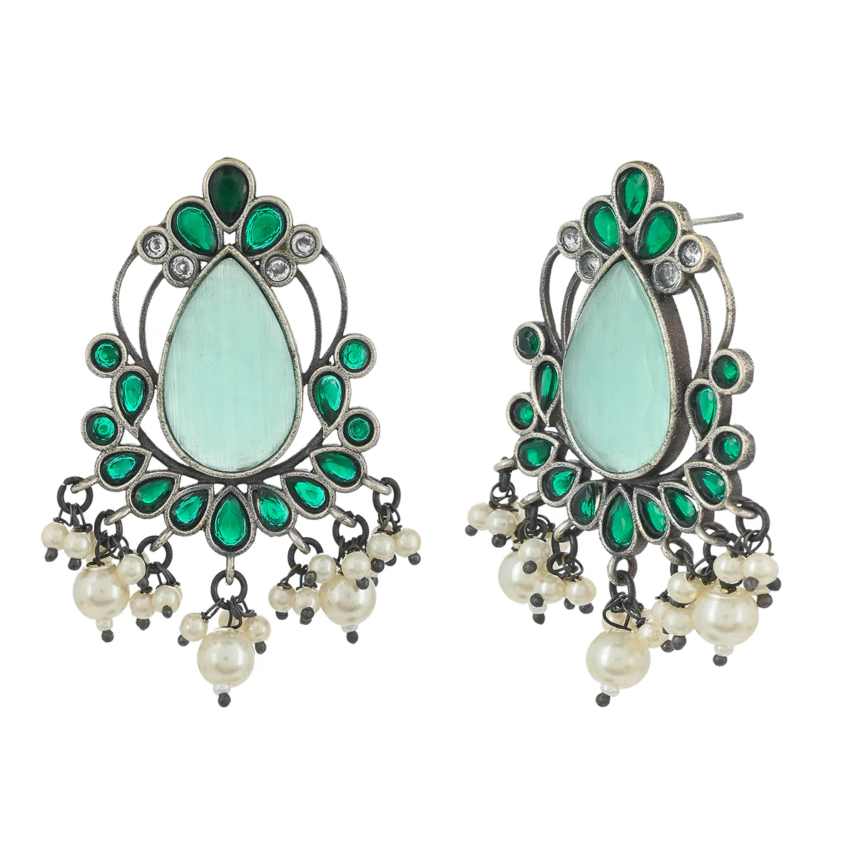 Antique Elegance Teardrop Faux Kundan and Pearls Brass Oxidised Silver Plated Earrings - Image 4