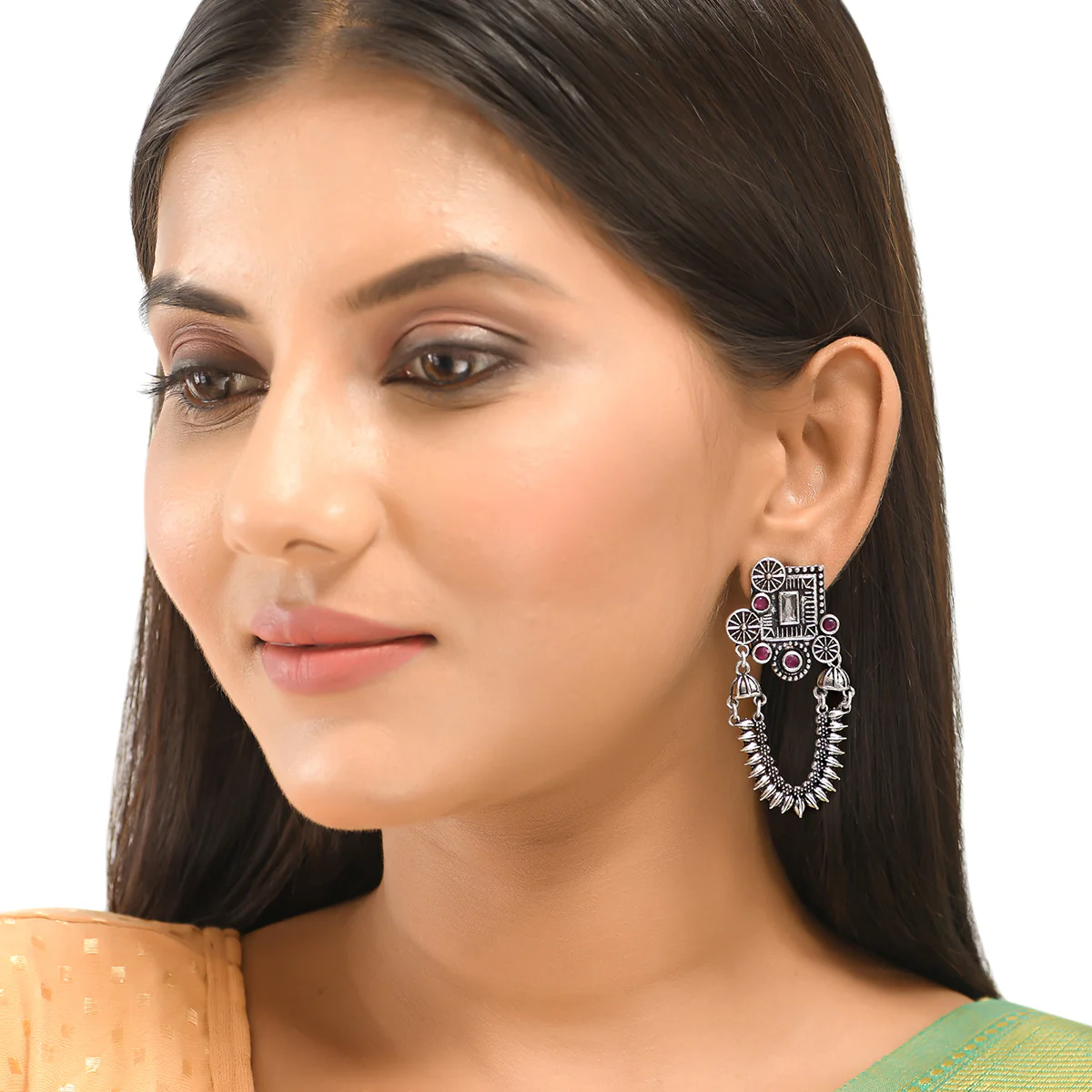 Antique Elegance Temple Design Brass Lightly Embellished Silver Plated Drop Earrings - Image 2