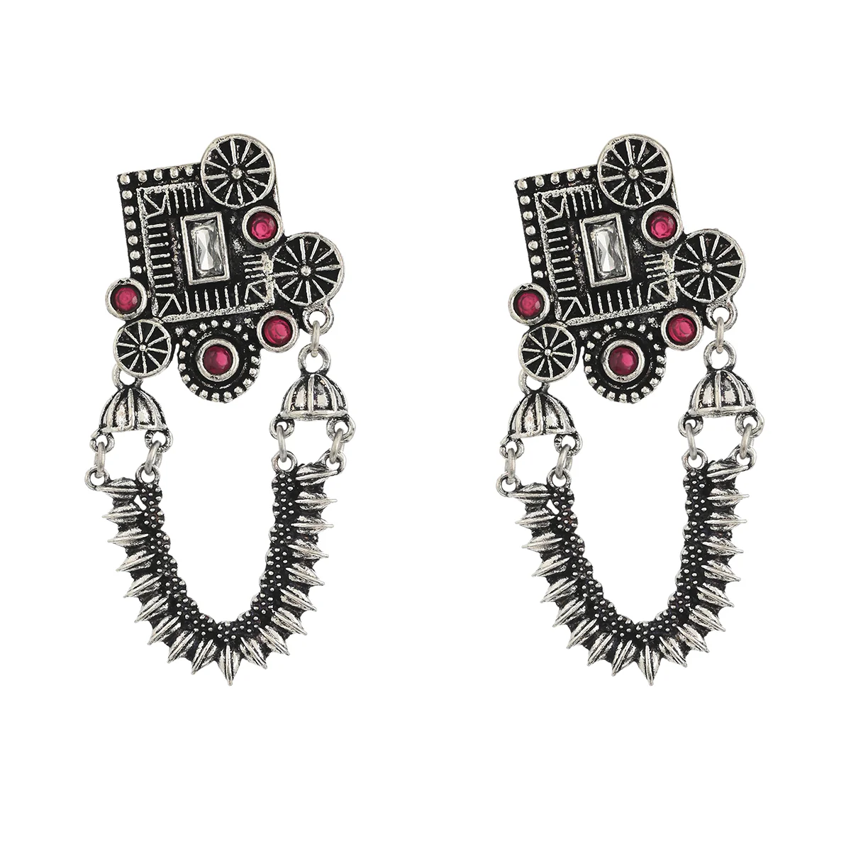 Antique Elegance Temple Design Brass Lightly Embellished Silver Plated Drop Earrings - Image 3