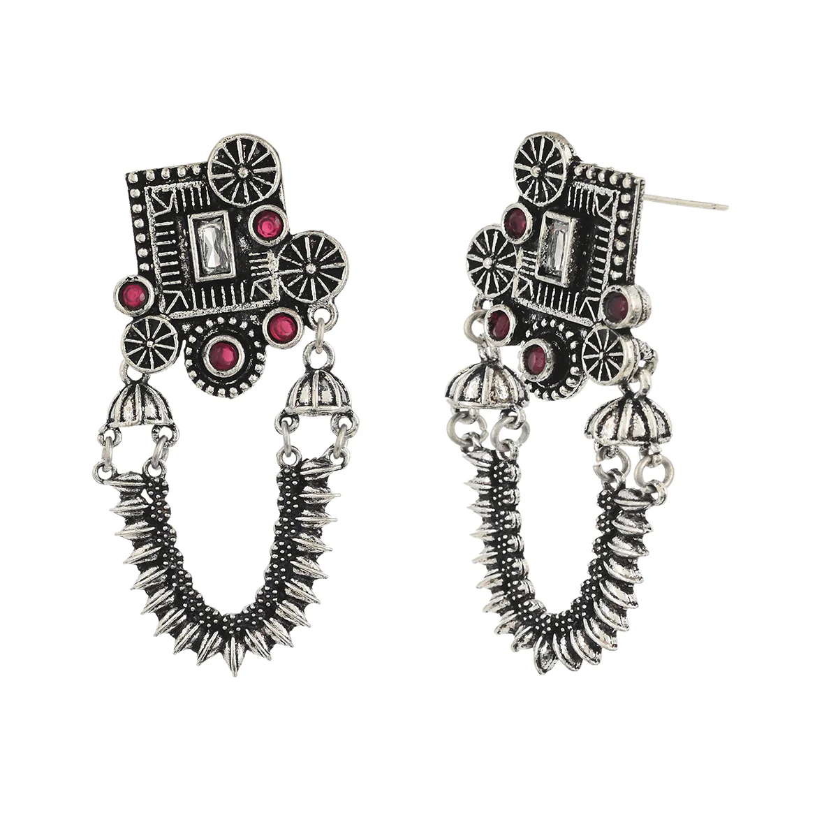 Antique Elegance Temple Design Brass Lightly Embellished Silver Plated Drop Earrings - Image 4