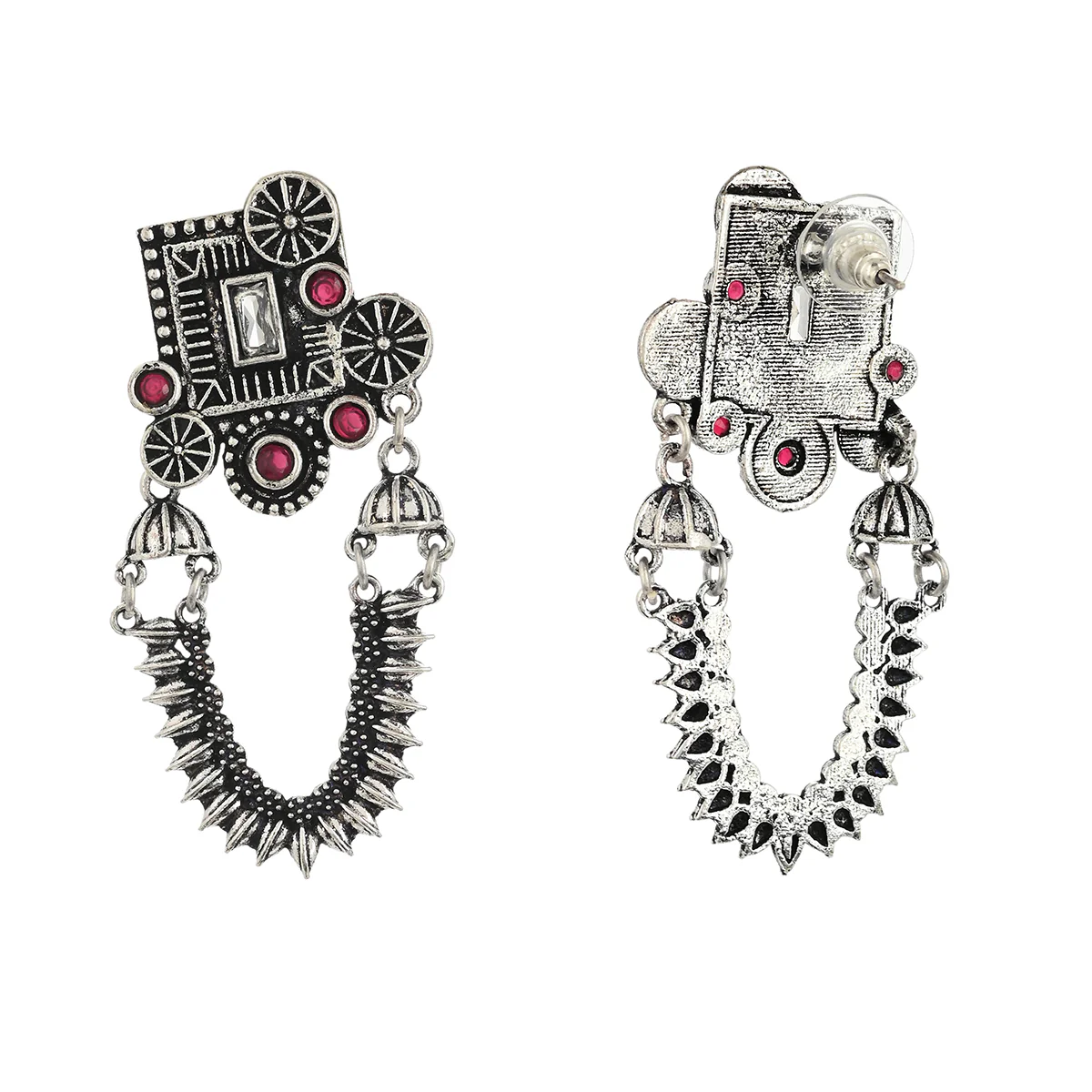 Antique Elegance Temple Design Brass Lightly Embellished Silver Plated Drop Earrings - Image 5