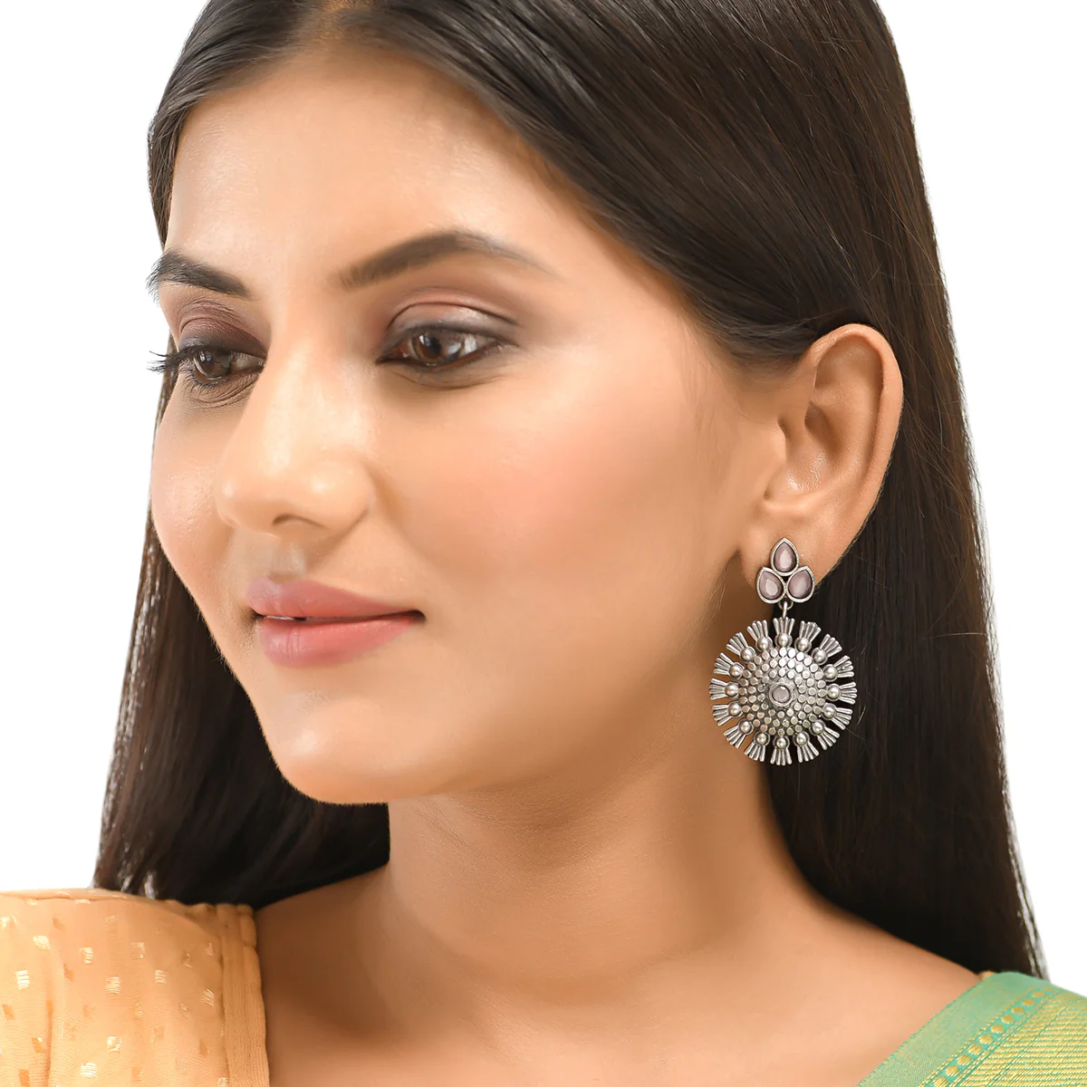 Antique Elegance Tribal Inspired Brass Lightly Embellished Silver Plated Drop Earrings - Image 2