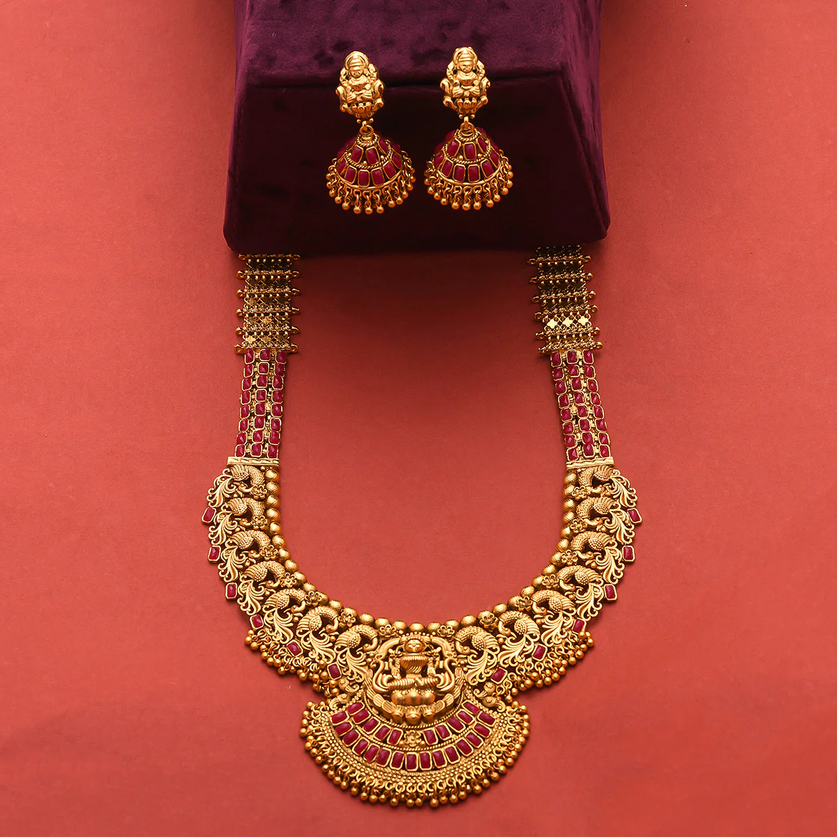 Antique Inspired Gold Toned CZ Adorned Brass Temple Jewellery Set