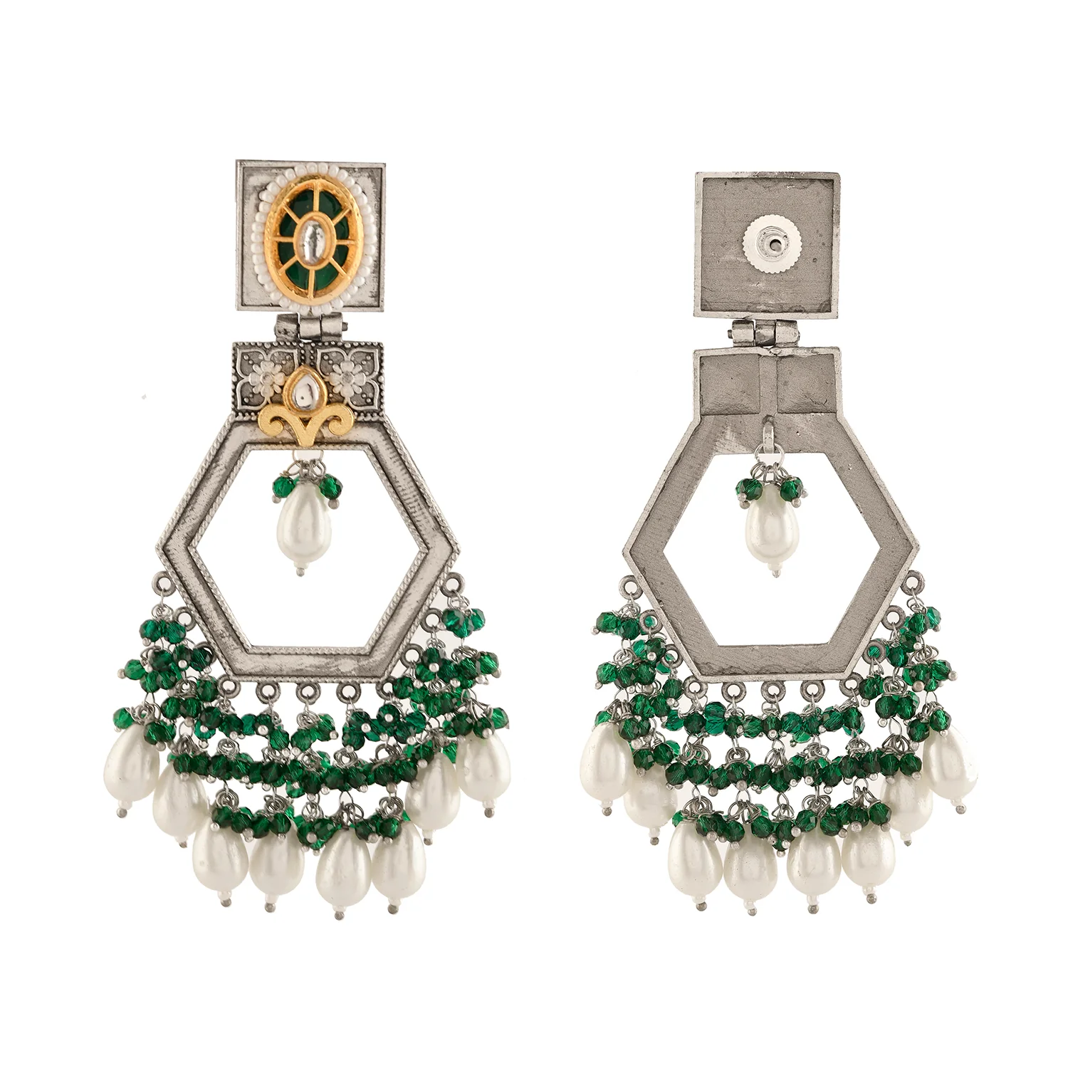 Antique Opulance Elegant Green Statement Chandbali Earrings - Image 5