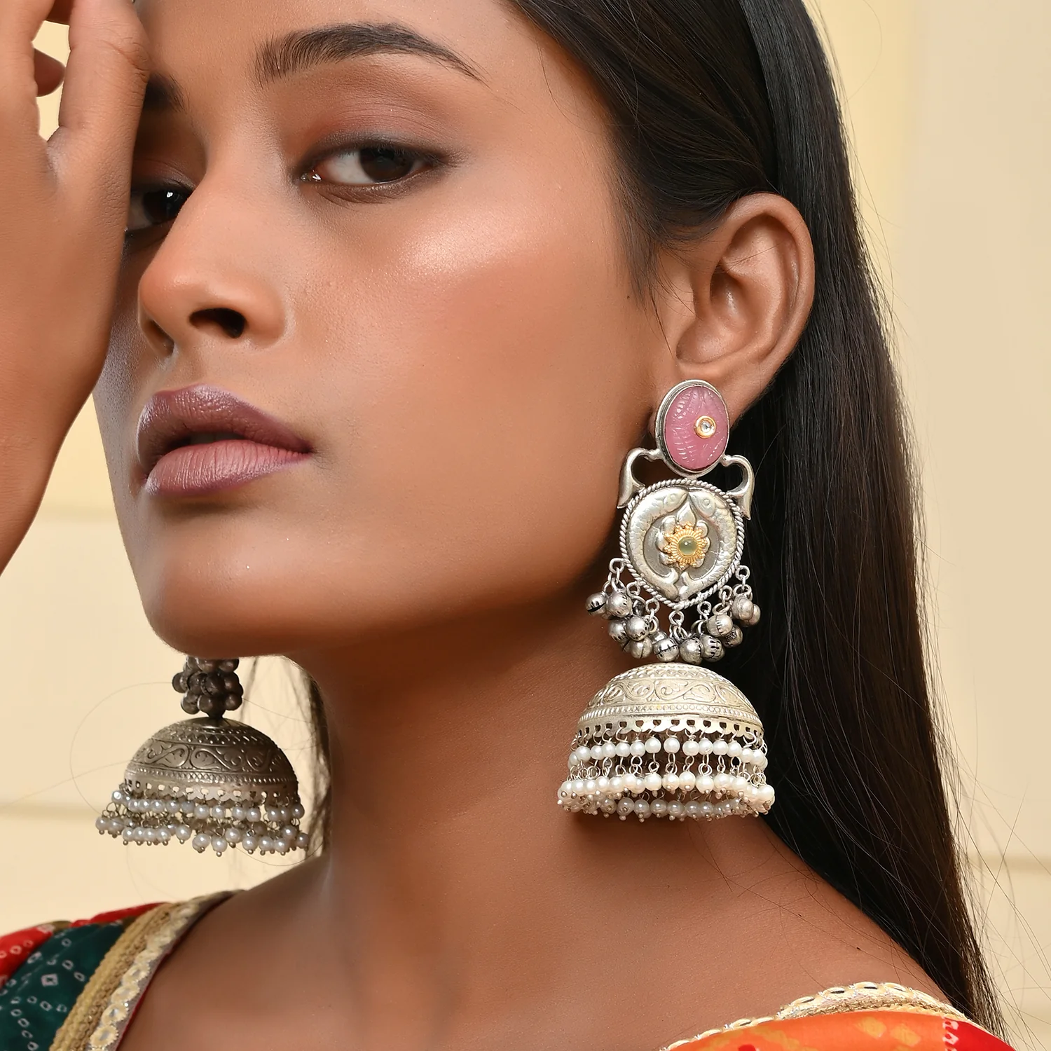 Antique Opulance Elegant Pink Statement Chandbali Jhumka Earrings - Image 2