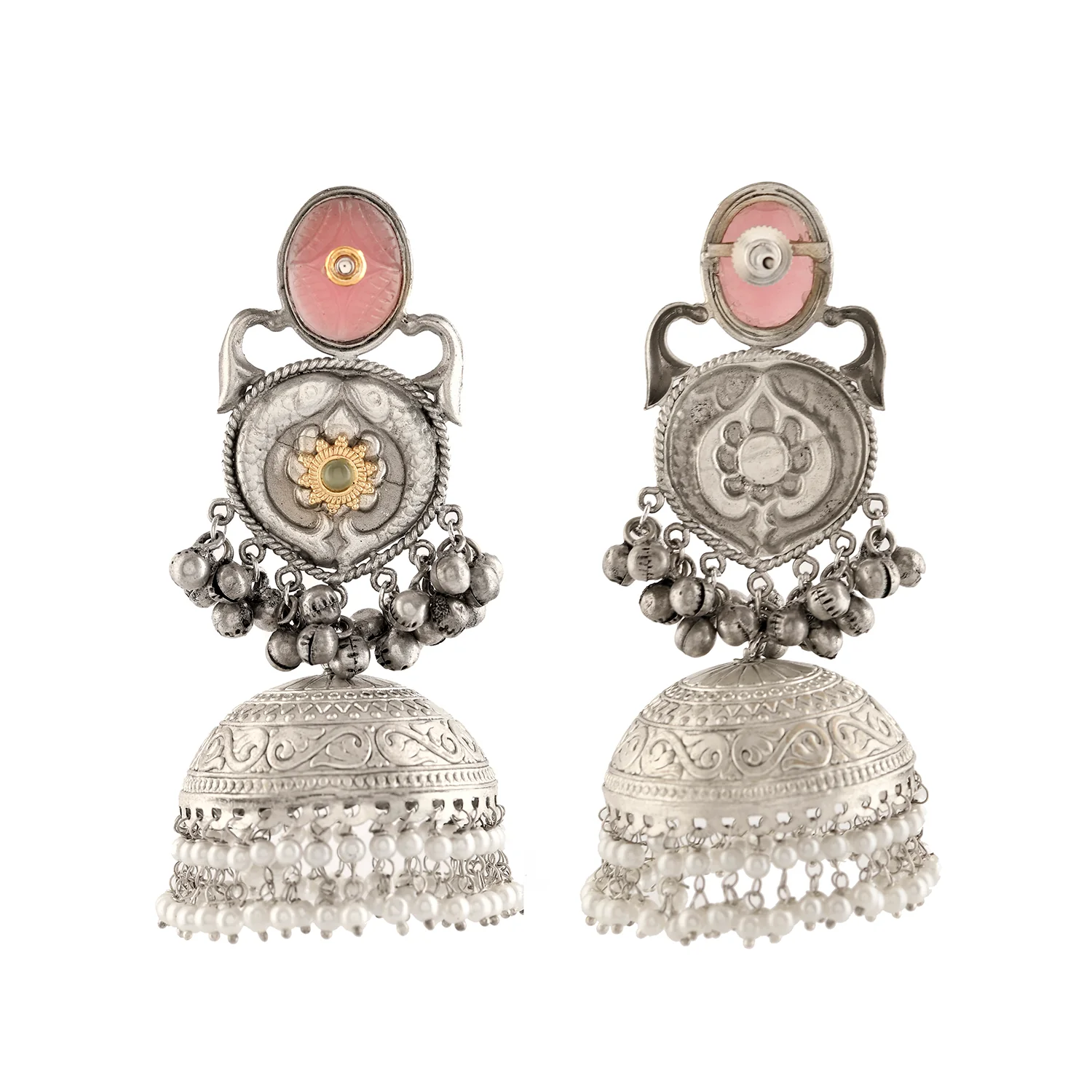 Antique Opulance Elegant Pink Statement Chandbali Jhumka Earrings - Image 5