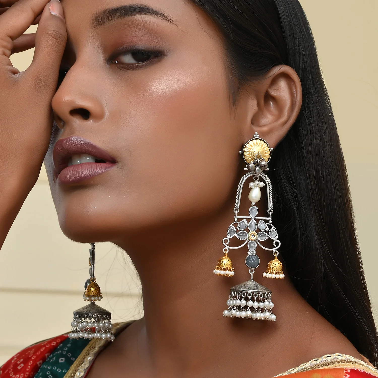 Antique Opulance Floral Statement Chandbali Jhumka Earrings - Image 2