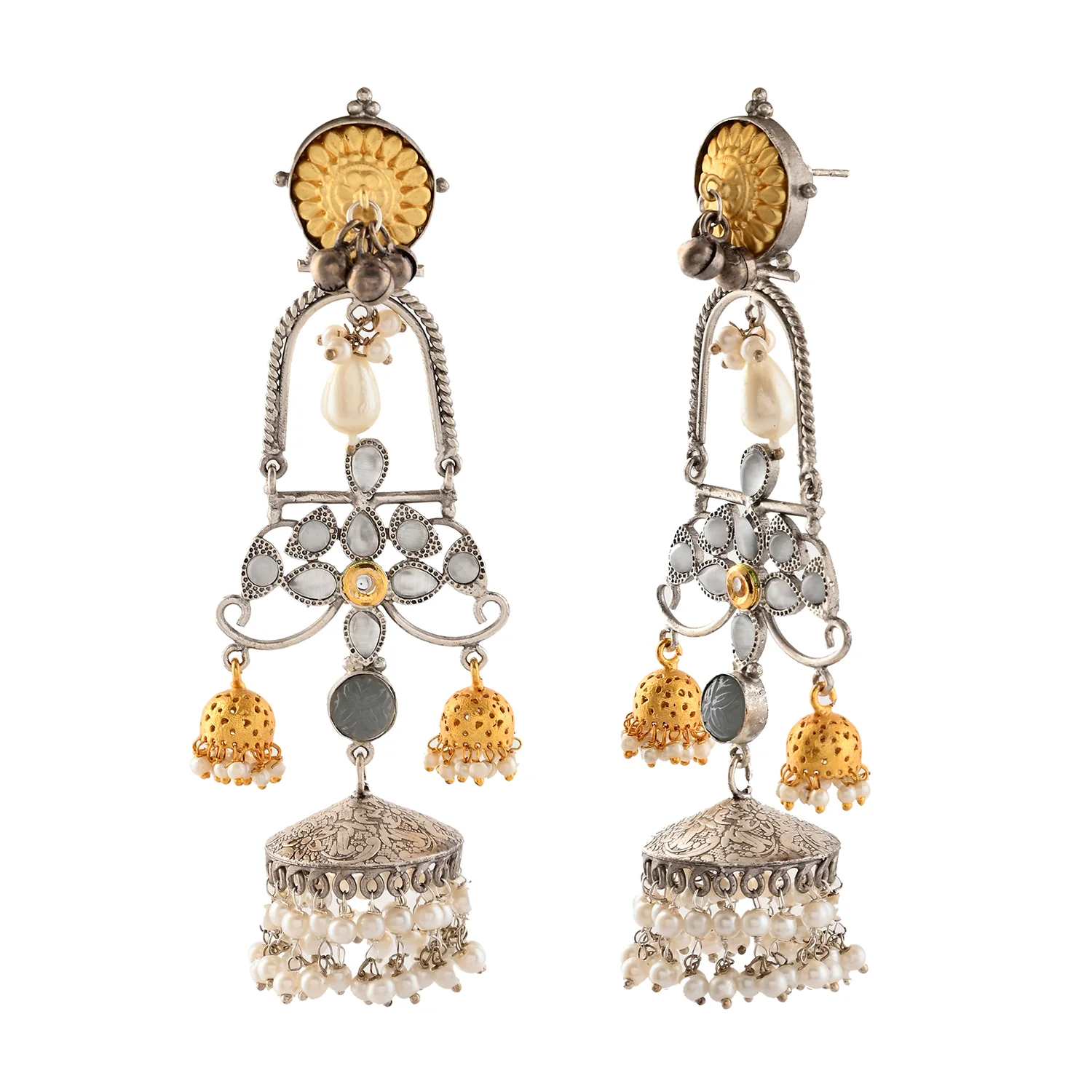 Antique Opulance Floral Statement Chandbali Jhumka Earrings - Image 3