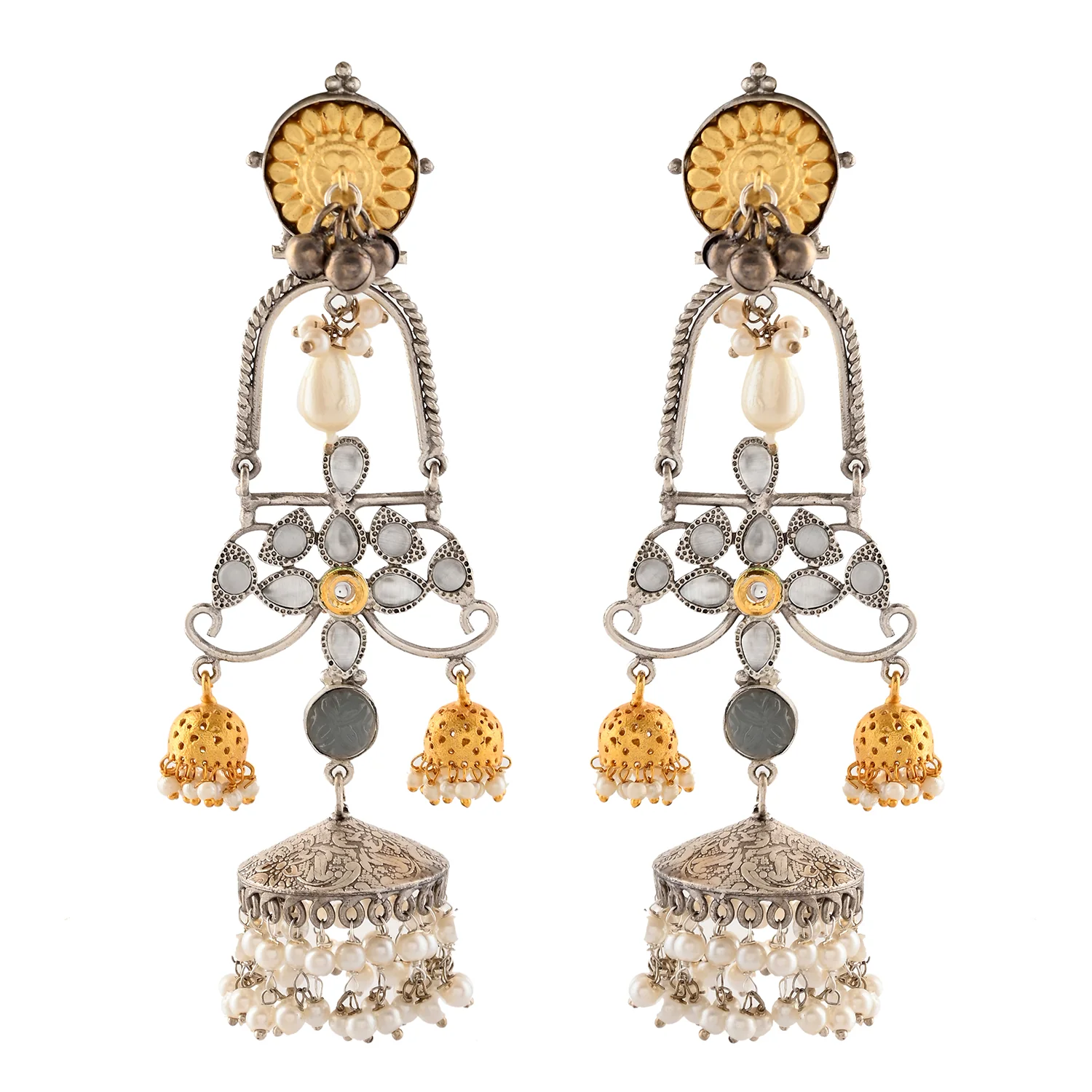 Antique Opulance Floral Statement Chandbali Jhumka Earrings - Image 4