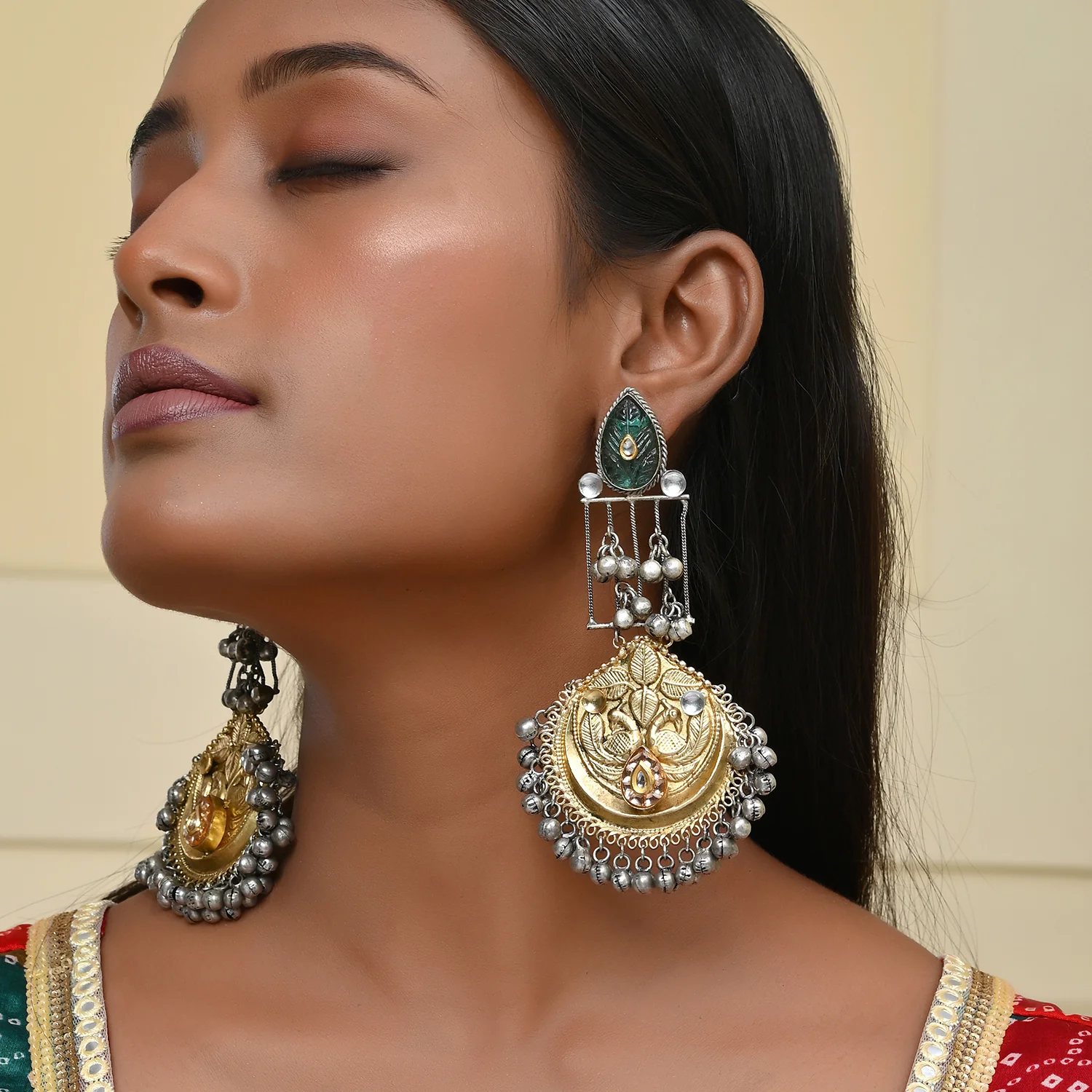 Antique Opulance Floral Statement Turquoise Chandbali Earrings - Image 2