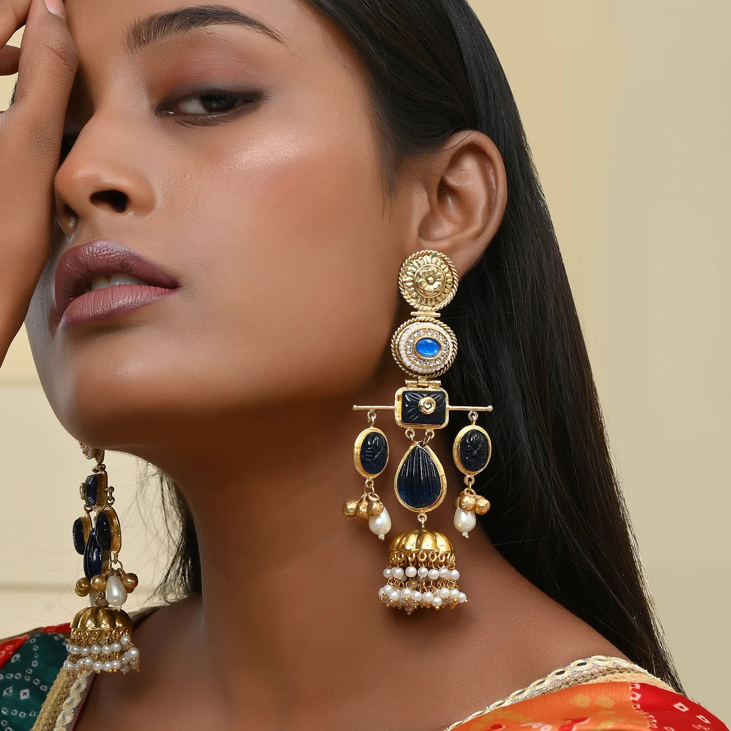 Antique Opulance Statement Blue Chandbali Earrings - Image 2