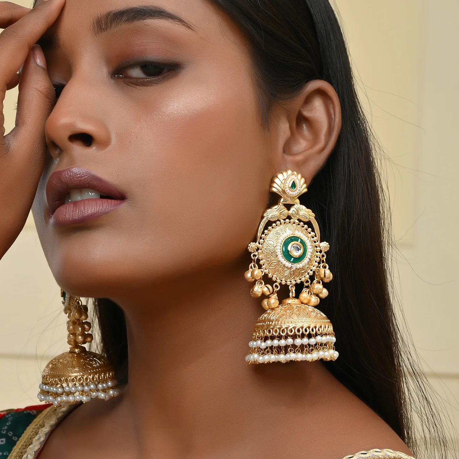 Antique Opulance Statement Green Chandbali Jhumka Earrings - Image 2