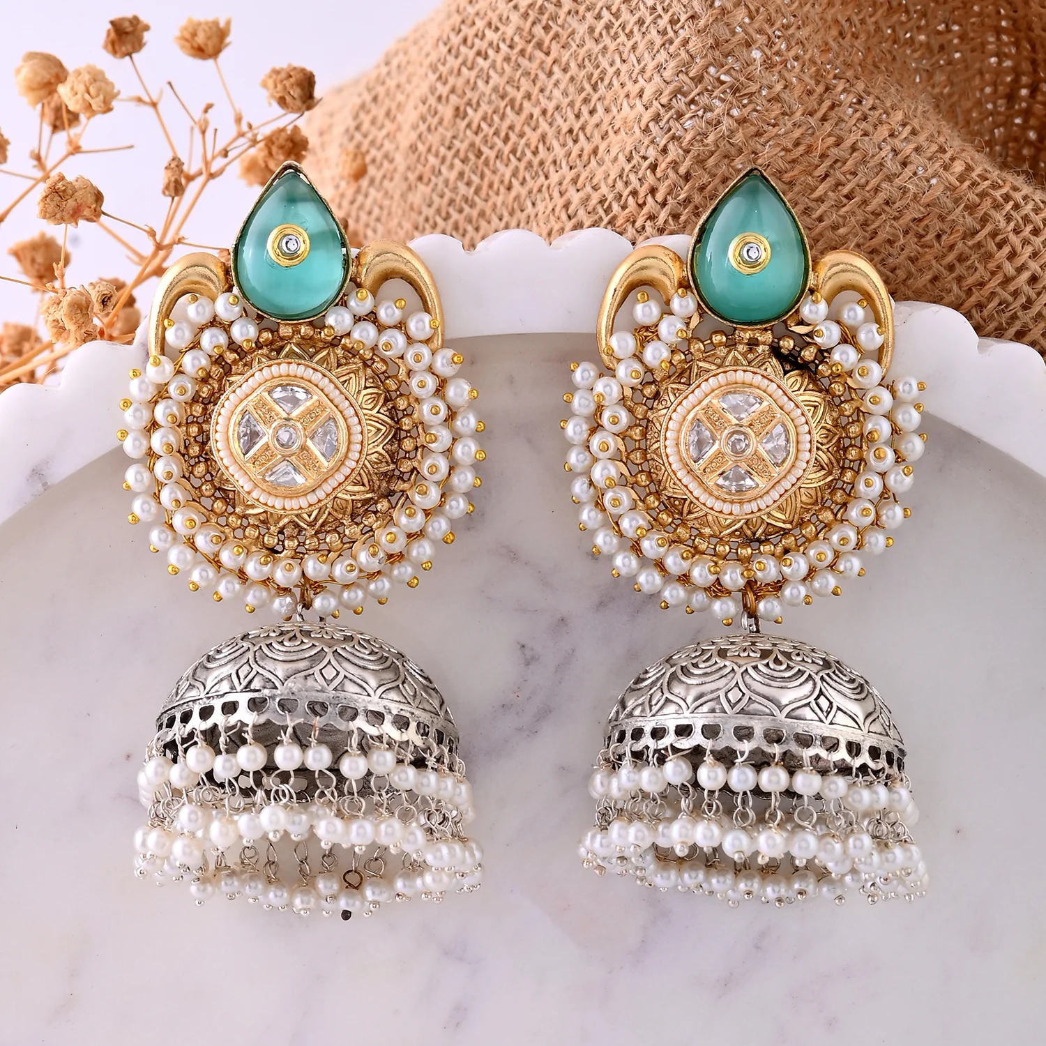 Antique Opulance Statement Green Teardrop Chandbali Jhumka Earrings