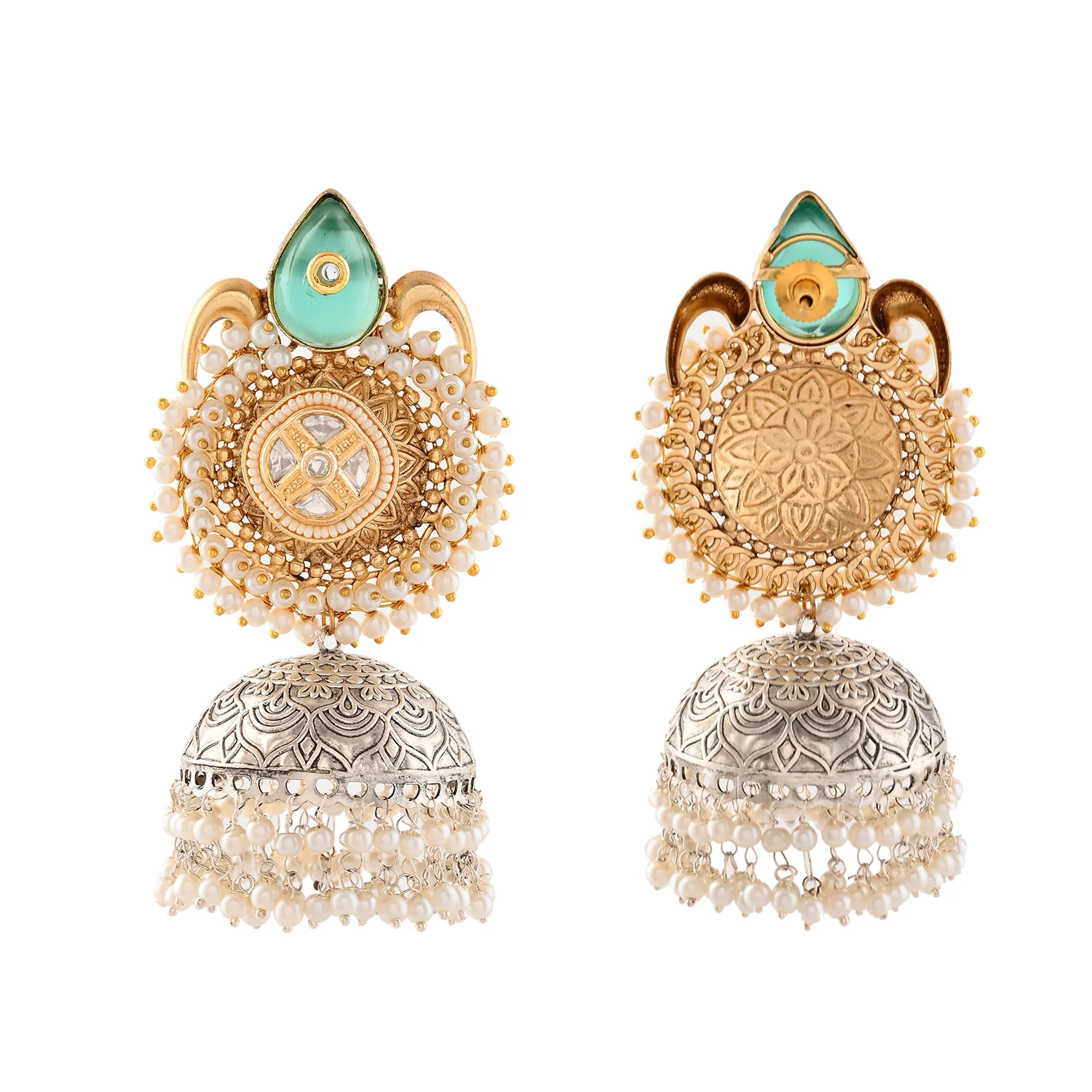 Antique Opulance Statement Green Teardrop Chandbali Jhumka Earrings - Image 5