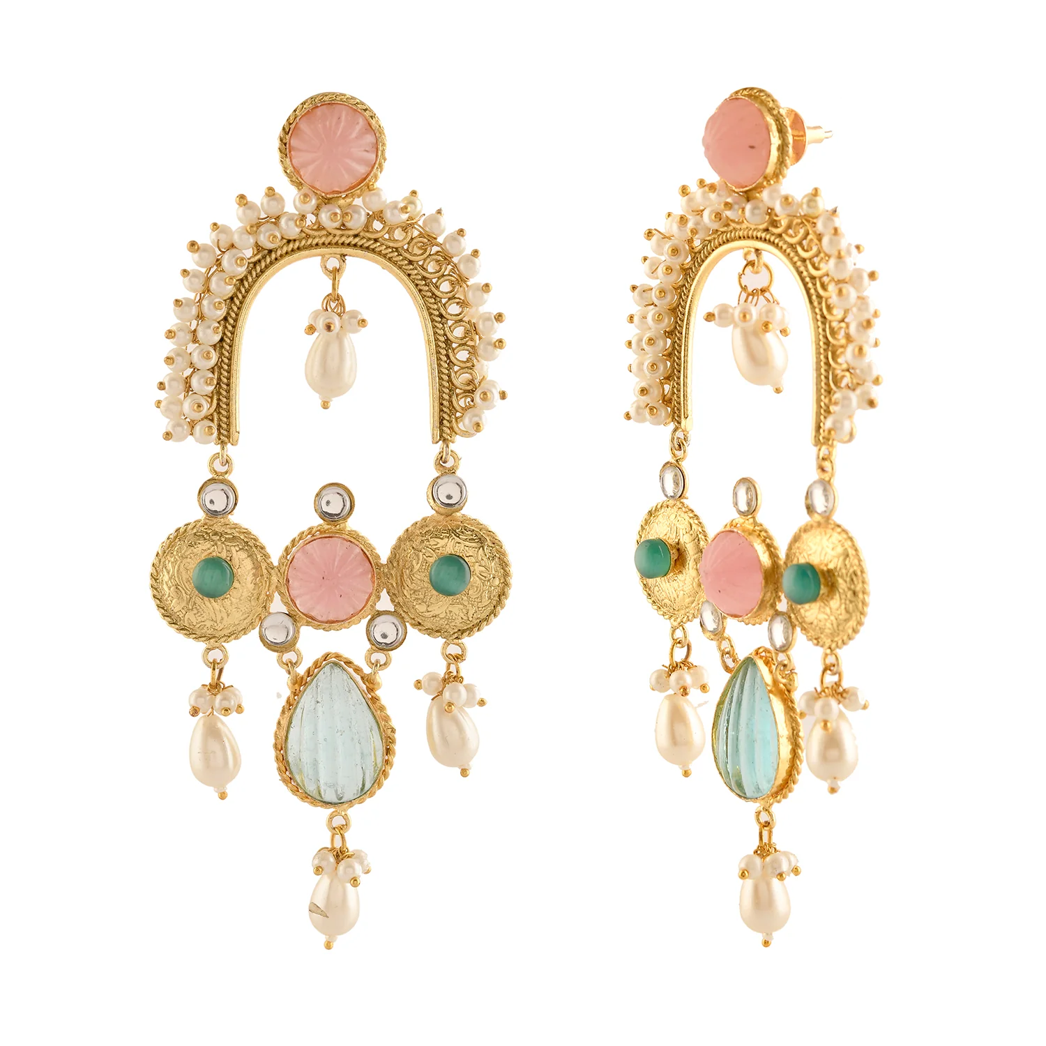 Antique Opulance Statement Pastel Pink Chandbali Earrings - Image 3