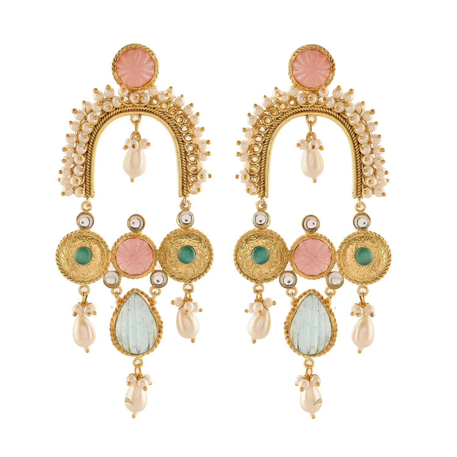 Antique Opulance Statement Pastel Pink Chandbali Earrings - Image 4