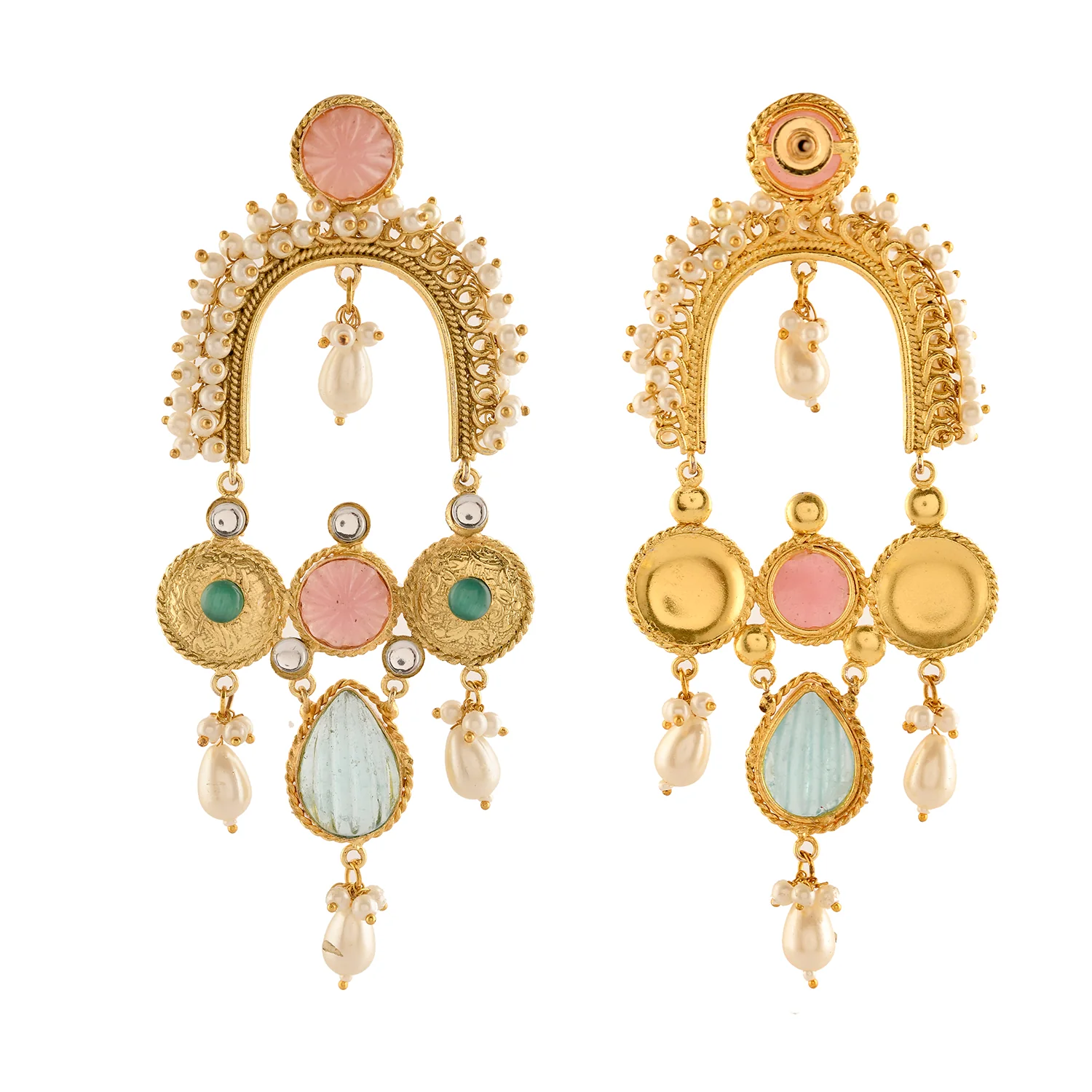 Antique Opulance Statement Pastel Pink Chandbali Earrings - Image 5
