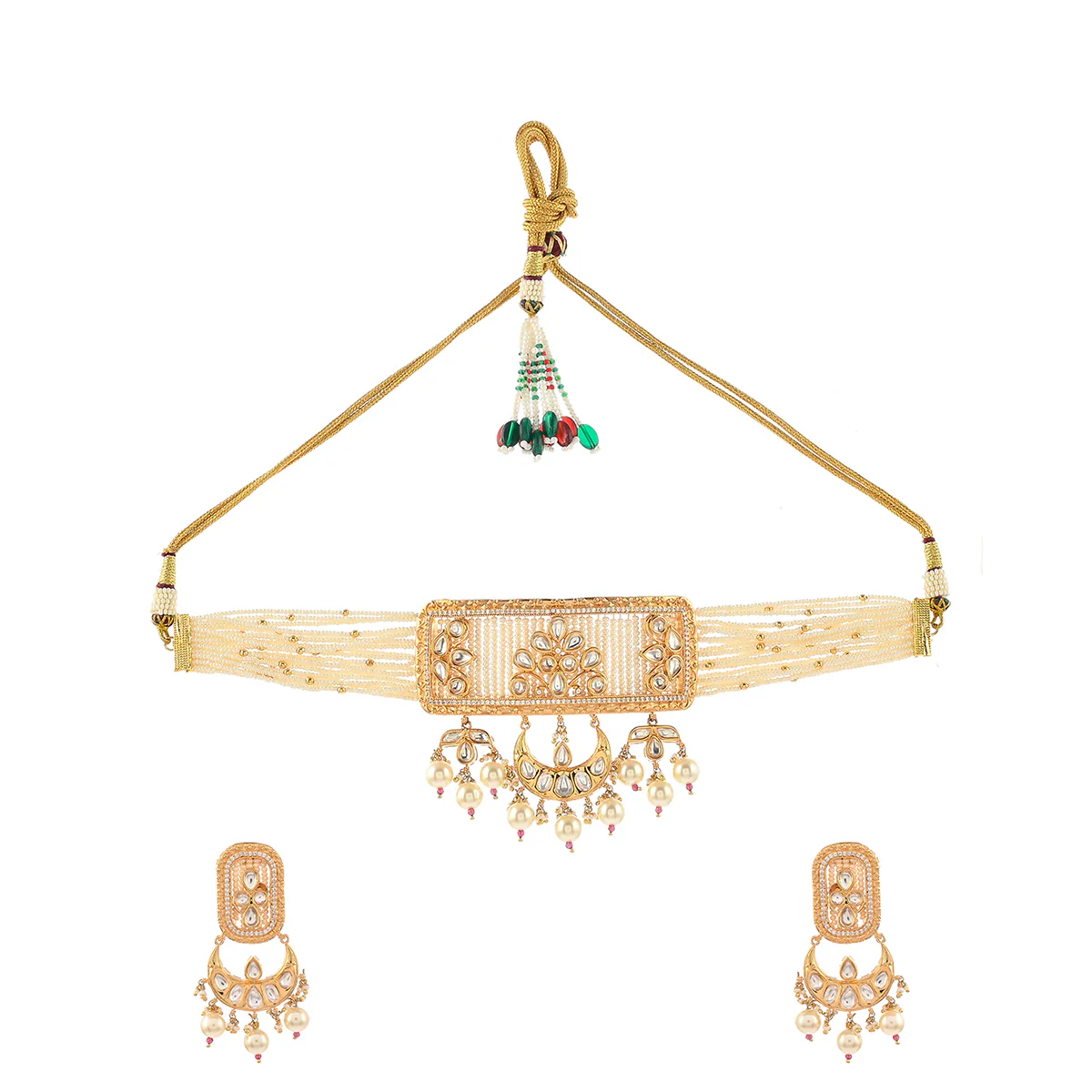 Heavily Embellished Faux Kundan and Pearls Gold Plated Jewellery Set - Image 3